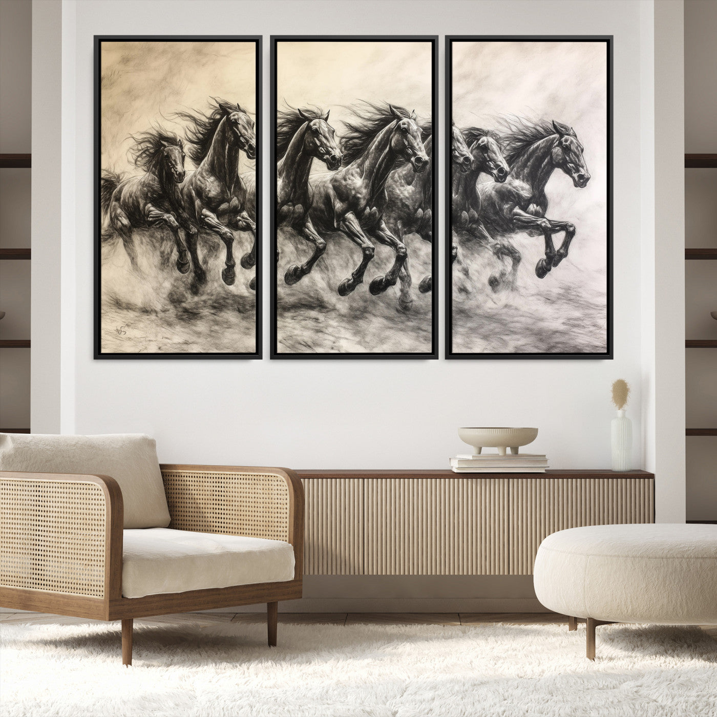 56089591-MGV-FC-48X32-3P-Galloping Horses Wall Art Canvas Print, Framed Wild Stallions Art Picture Print, Horse Herd Sketch