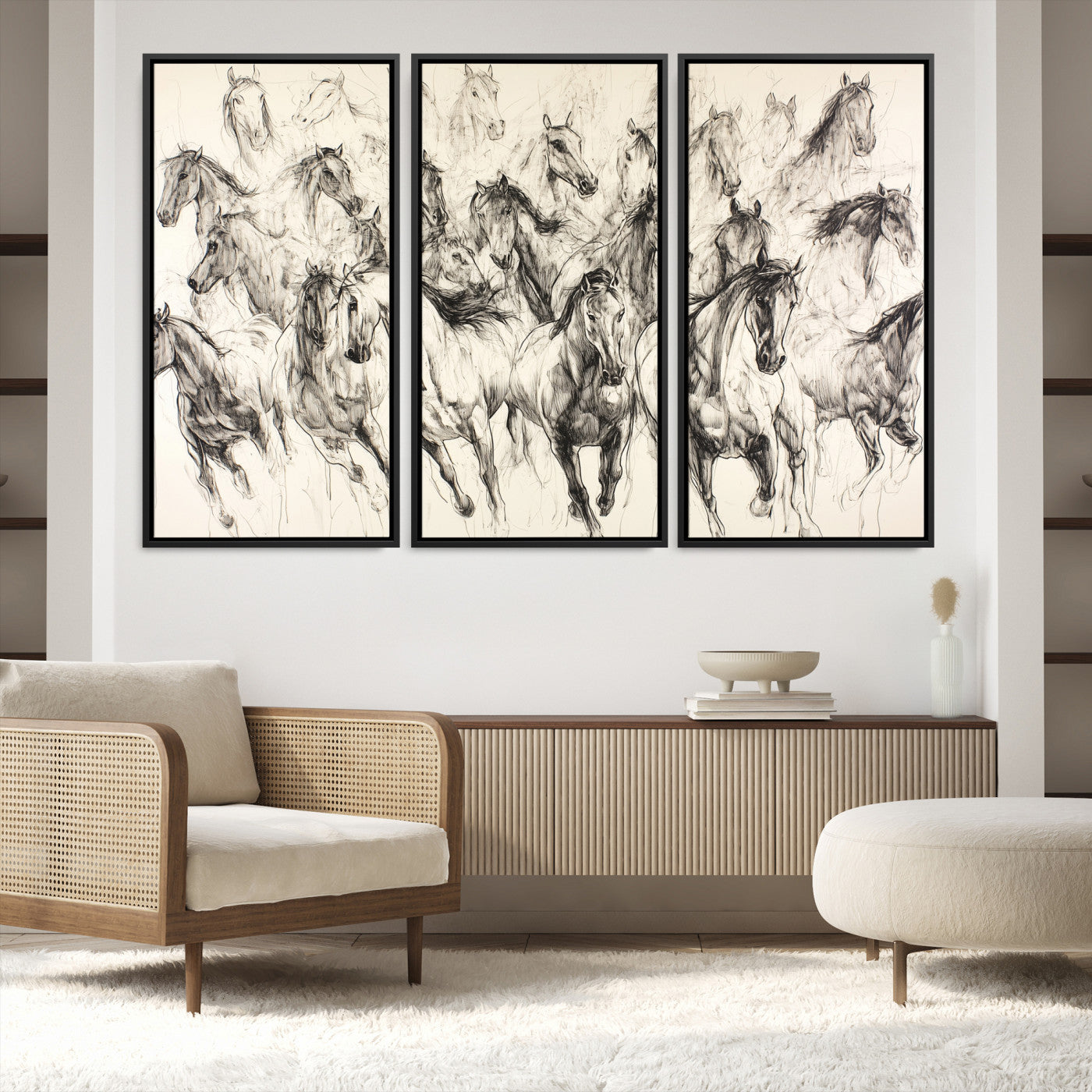 19433417-MGV-FC-48X32-3P-Running Horses Wall Art Canvas Print – Framed Galloping Herd Dynamic Equestrian Sketch Nature Artwork for Home Office