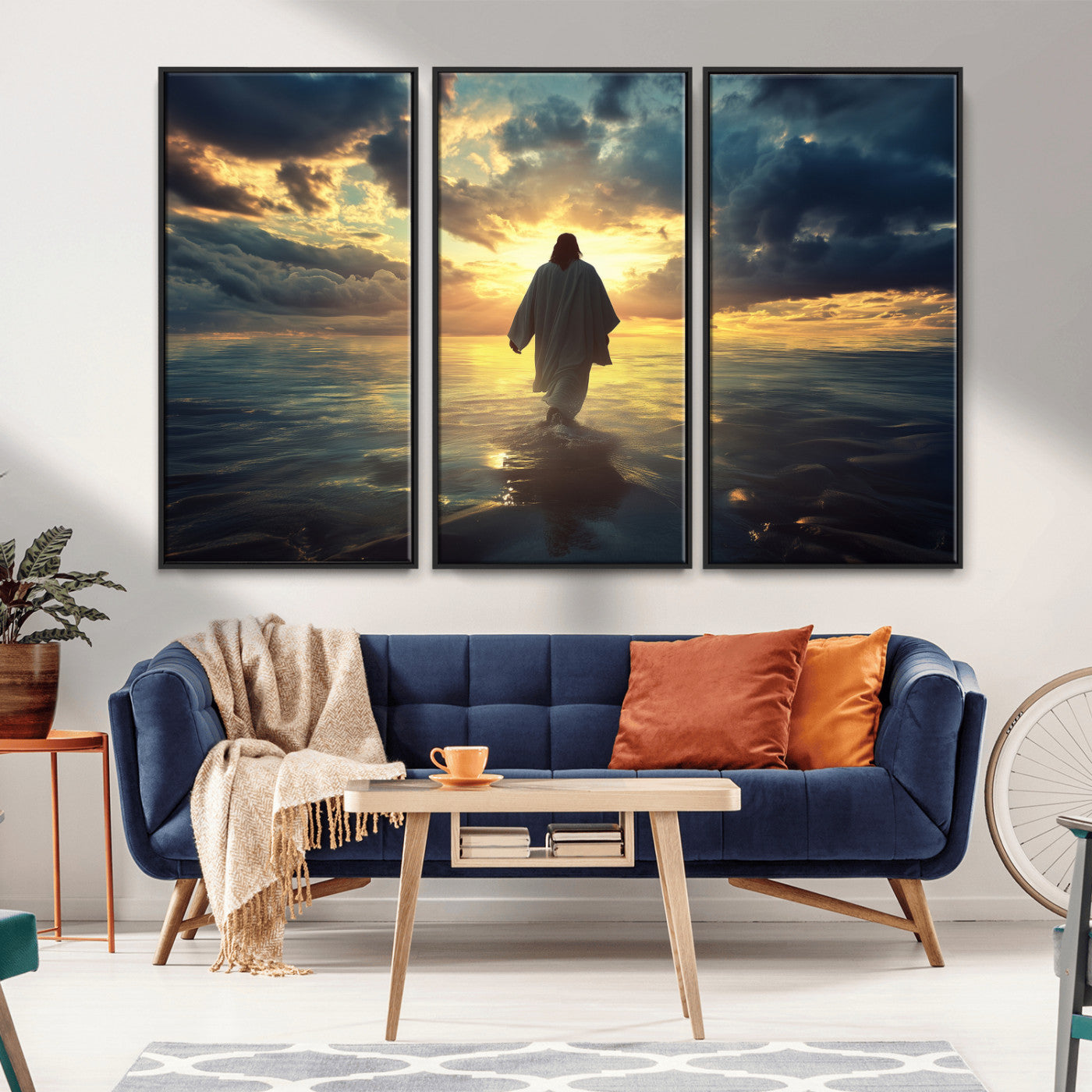 -Jesus Walks Wall Art Canvas Print Framed Divine Sunset Art Spiritual Light Print for Home, Office, Living Room