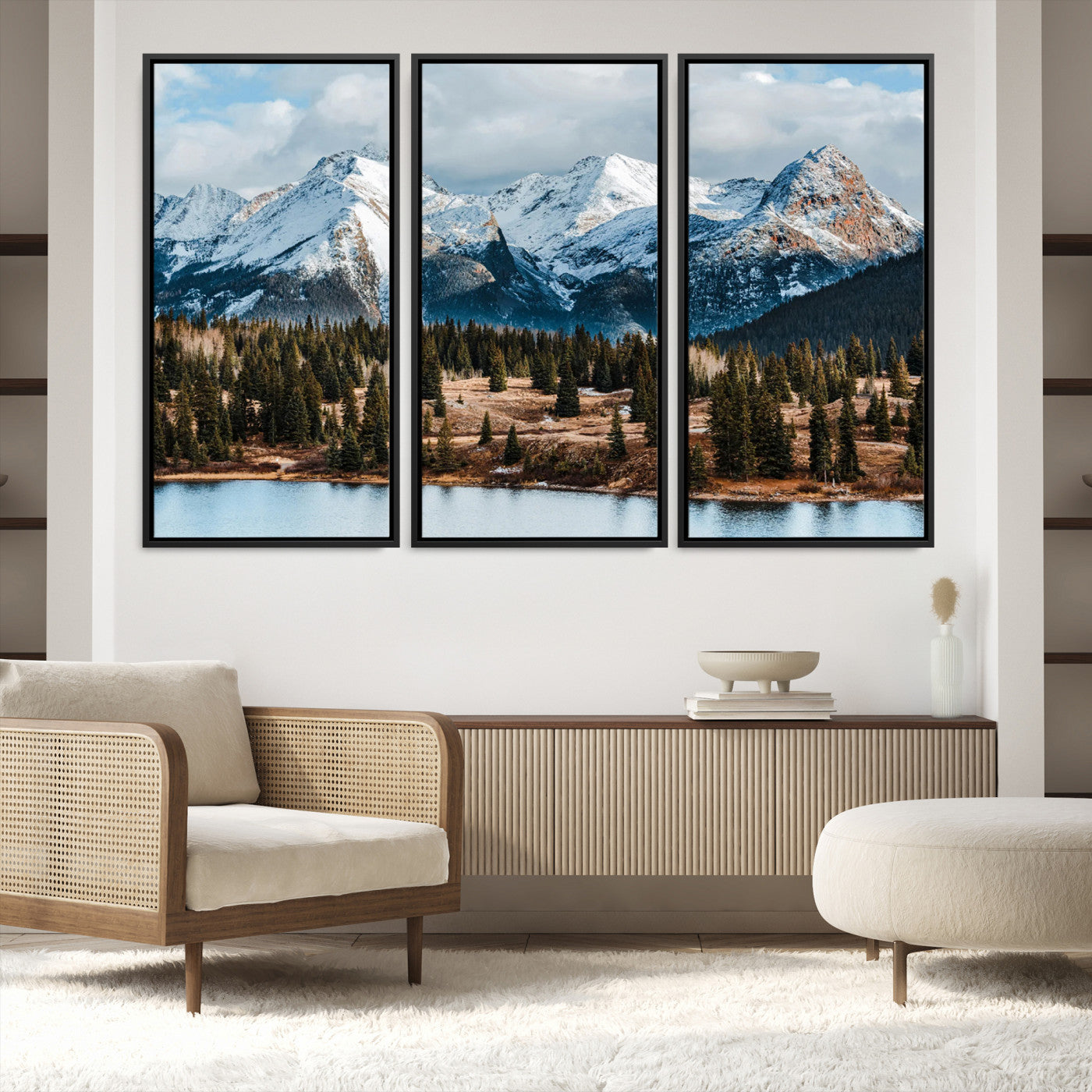 36247746-MGV-FC-48X32-3P-Snowy Peaks Wall Art Canvas Print, Framed Alpine Lake Art Picture Print, Pine Forest Perfect Alpine