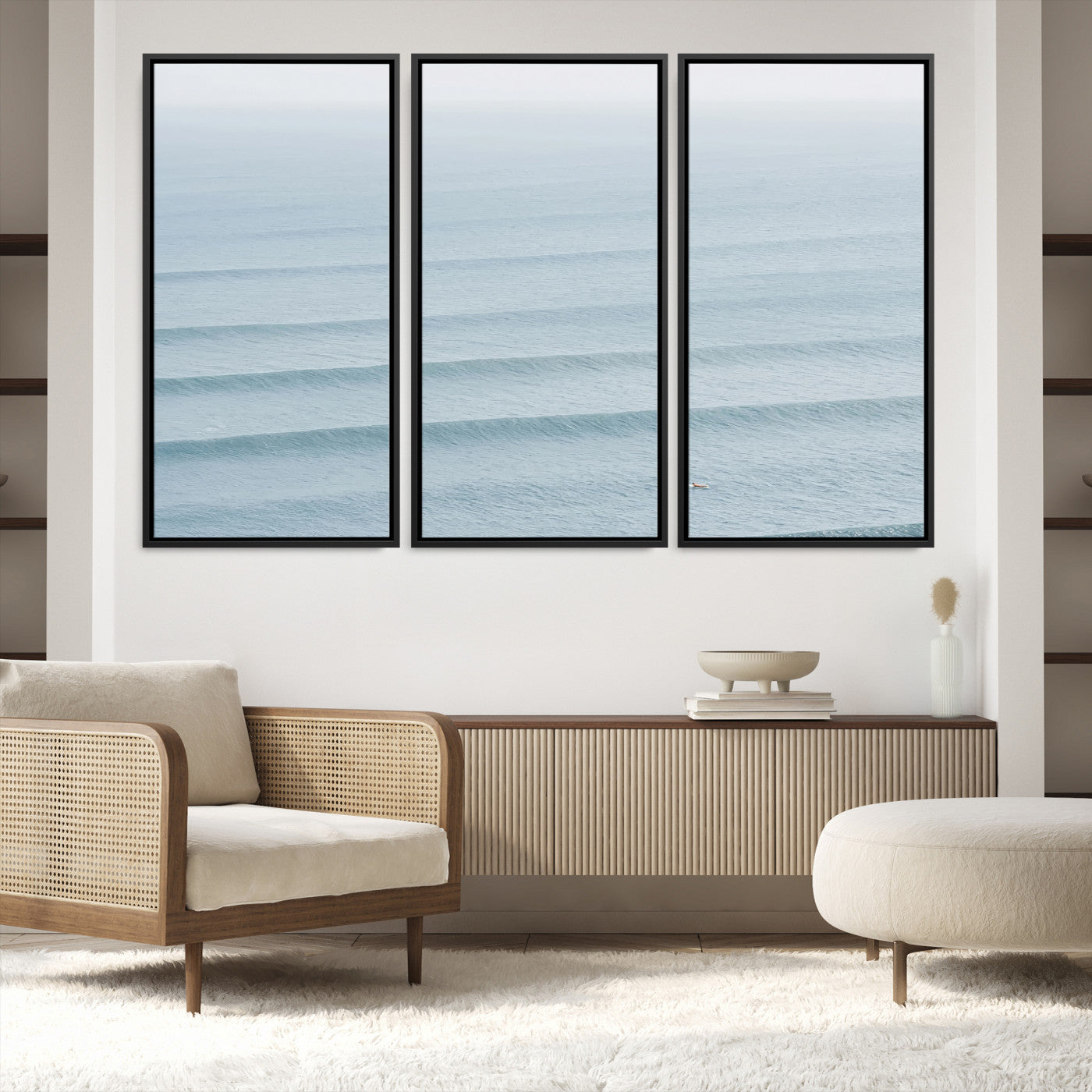 47814787-MGV-FC-48X32-3P-Ocean Waves Wall Art Canvas Print, Framed Solo Surfer Art Picture Print, Wave Lines Perfect
