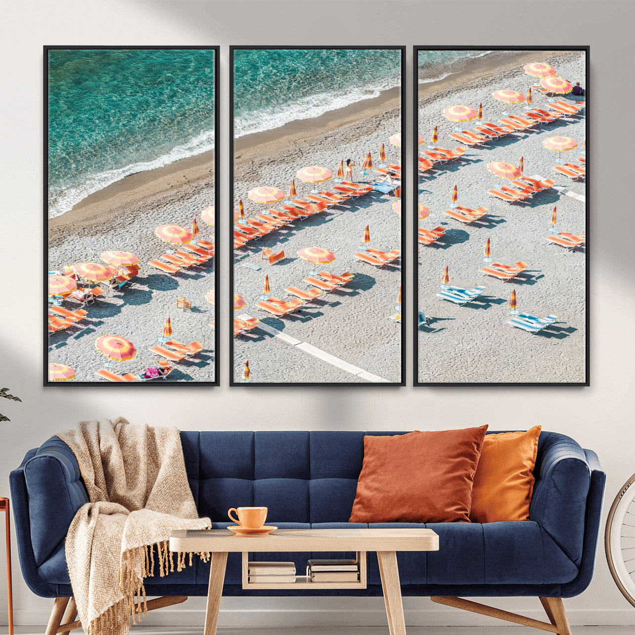 27805351-MGV-CV-36X24 - Beach Umbrellas Wall Art – Orange Loungers & Turquoise Water Canvas Print, Sandy Shore and Summer Vibes