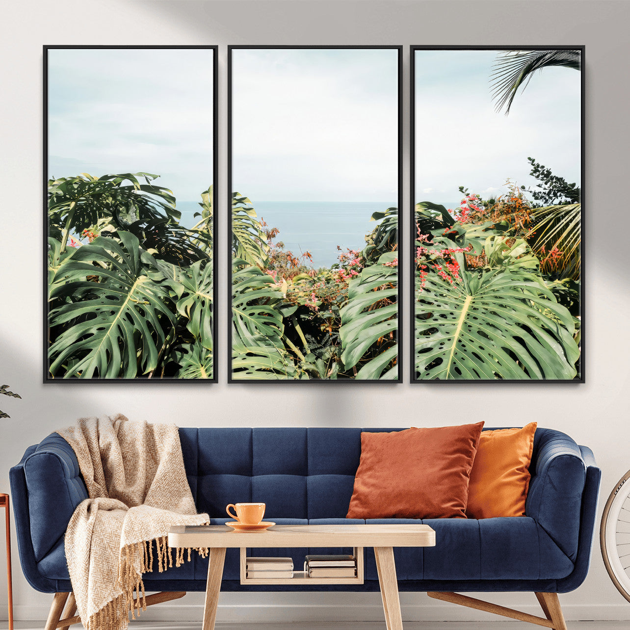45700479-MGV-CV-36X24 - Tropical Greenery Wall Art – Exotic Leaves & Ocean View Canvas Print, Sunlit Paradise and Vibrant Nature for Living Room or Coastal Decor