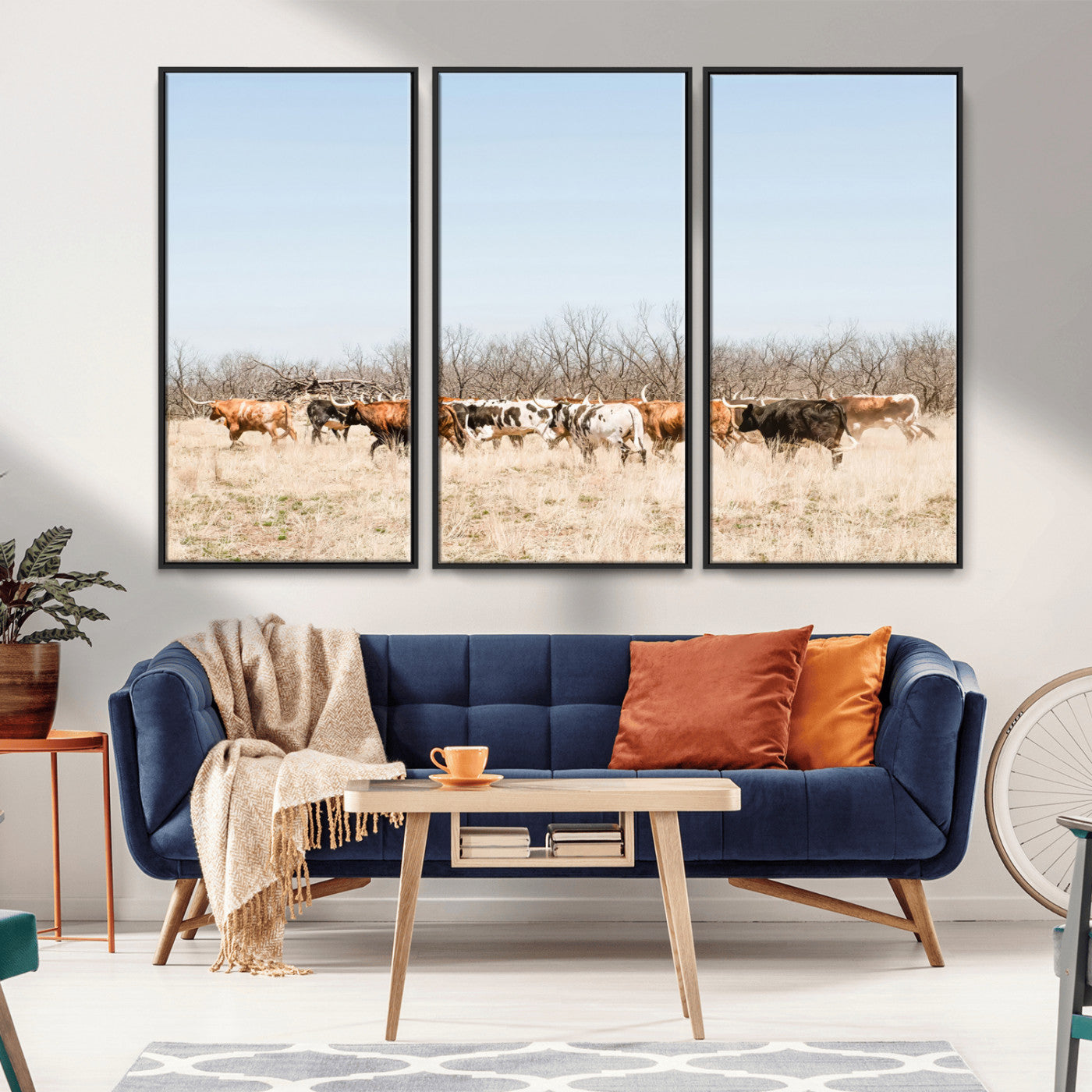 -Texas Longhorns Wall Art Canvas Print, Framed Western Cattles Art Picture Print, Rustic Herd Perfect Rustic Farmhouse Decor Artwork