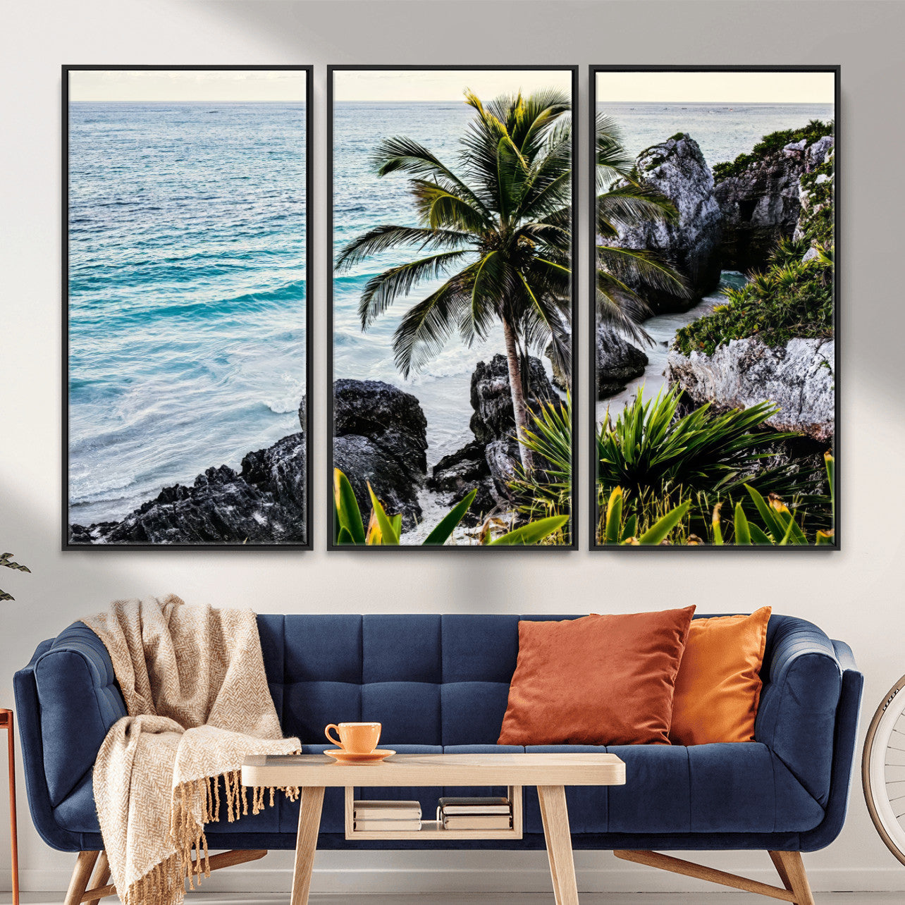 94669907-MGV-CV-36X24 - Tropical Palm Wall Art – Coastal Rocks Canvas Print, Ocean Breeze, Sandy Shore, Vibrant Green Foliage for Living Room or Beach House Decor
