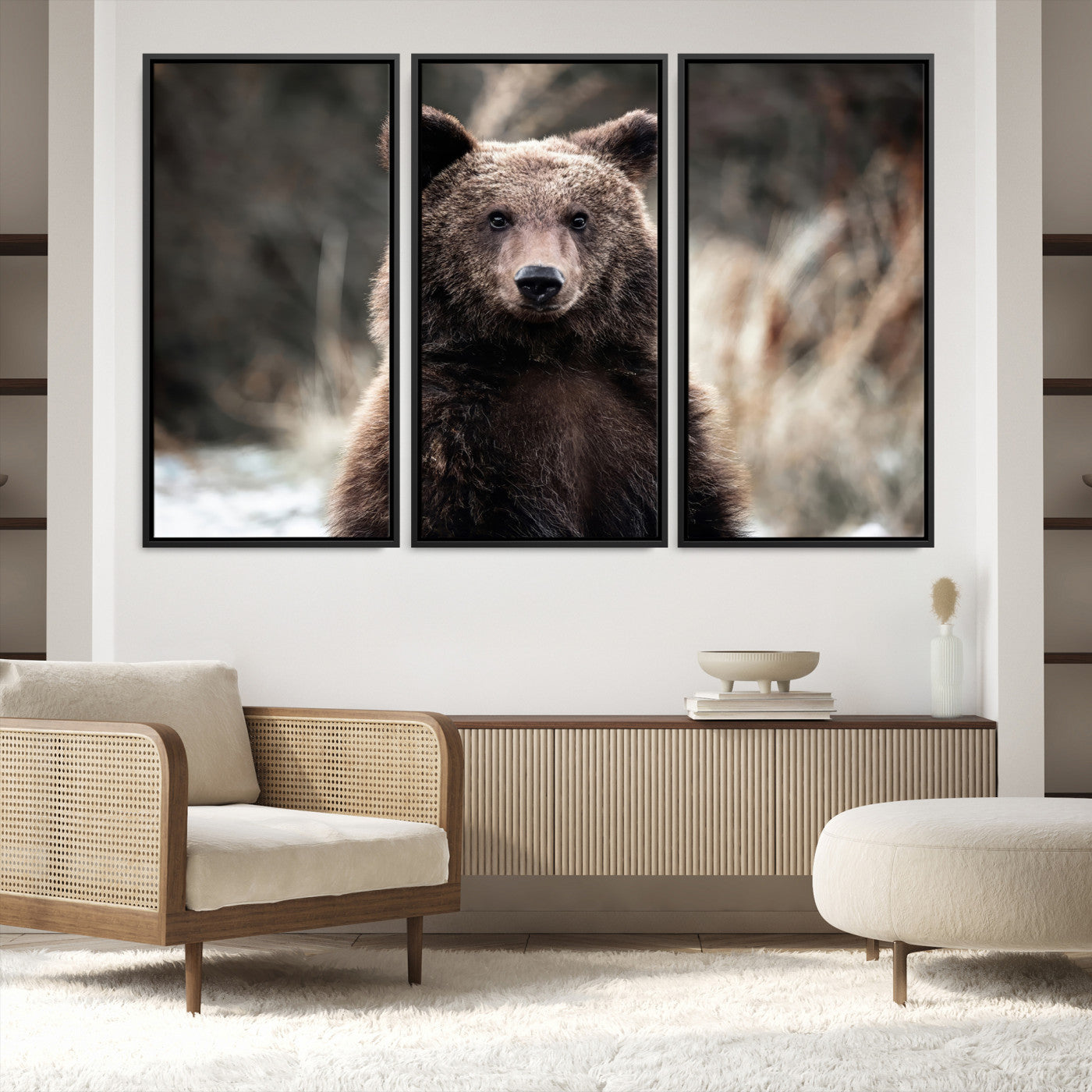 47112103-MGV-FC-48X32-3P-Brown Bear Wall Art Canvas Print, Framed Wildlife Art Picture Print, Woodland Perfect Cabin Decor