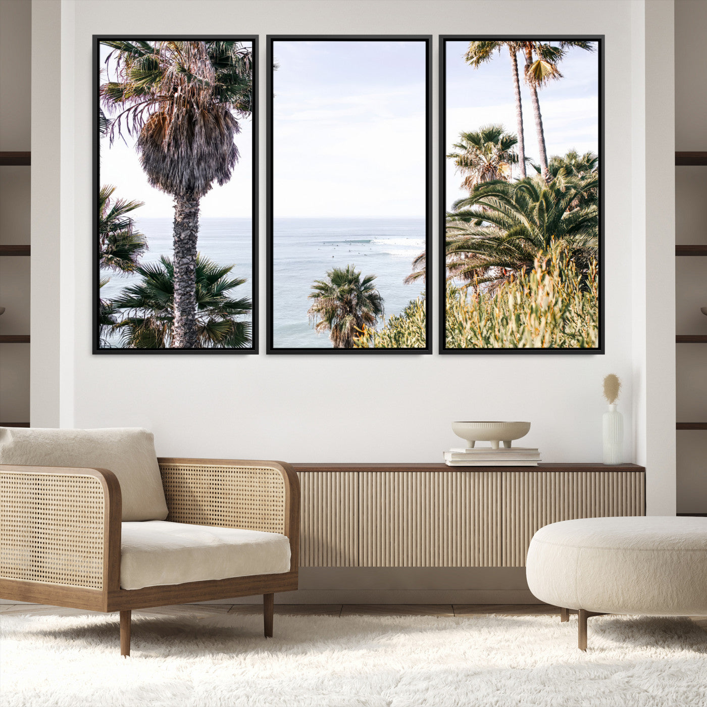 51404565-MGV-FC-48X32-3P-Coastal Palm Trees Wall Art Canvas Print – Framed Ocean Breeze Tropical Scene Artwork for Relaxing Home, Office Decor