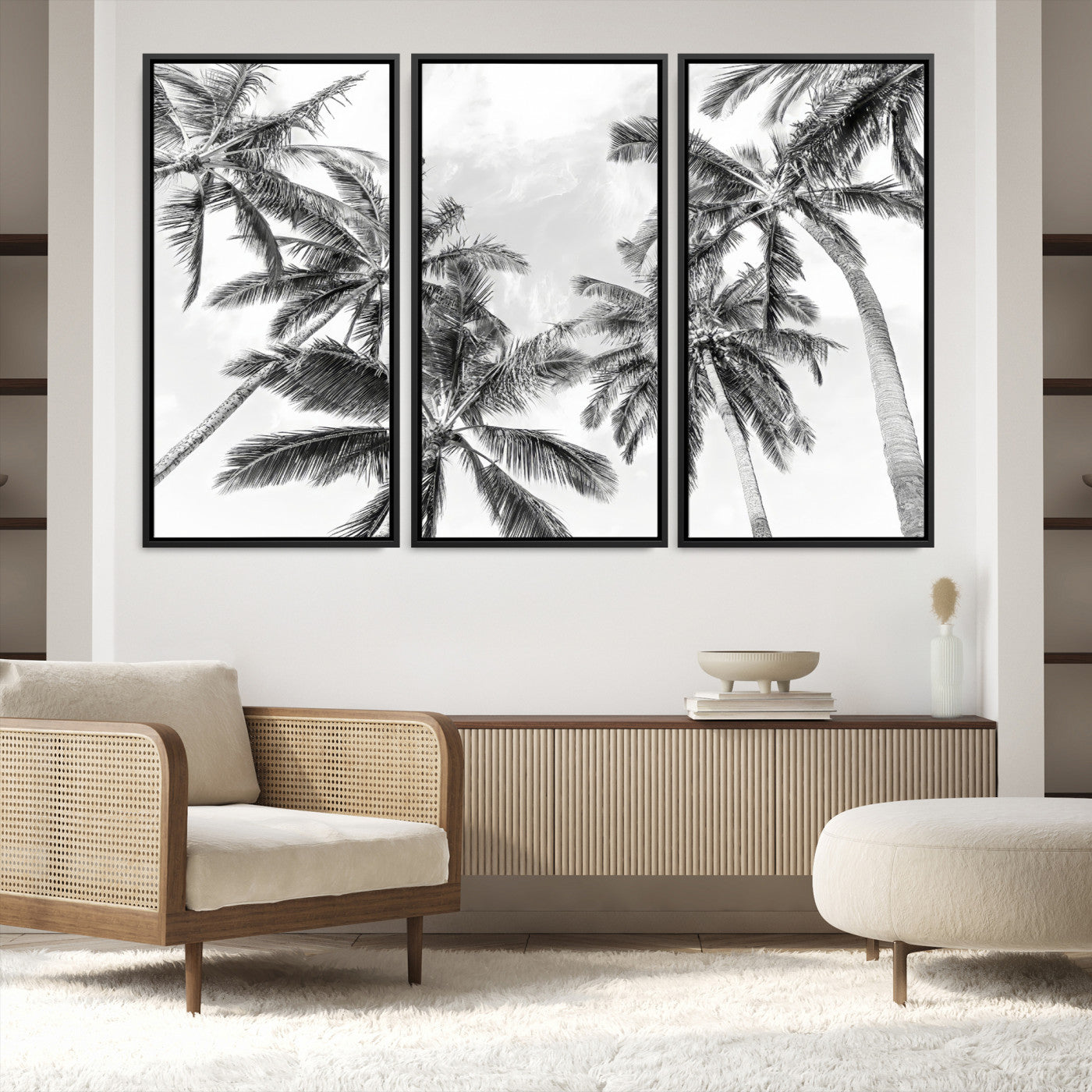 62113786-MGV-FC-48X32-3P-Black and White Palm Wall Art Canvas Print – Framed Monochrome Tropical Beach Scene Artwork for Modern Home, Office Decor