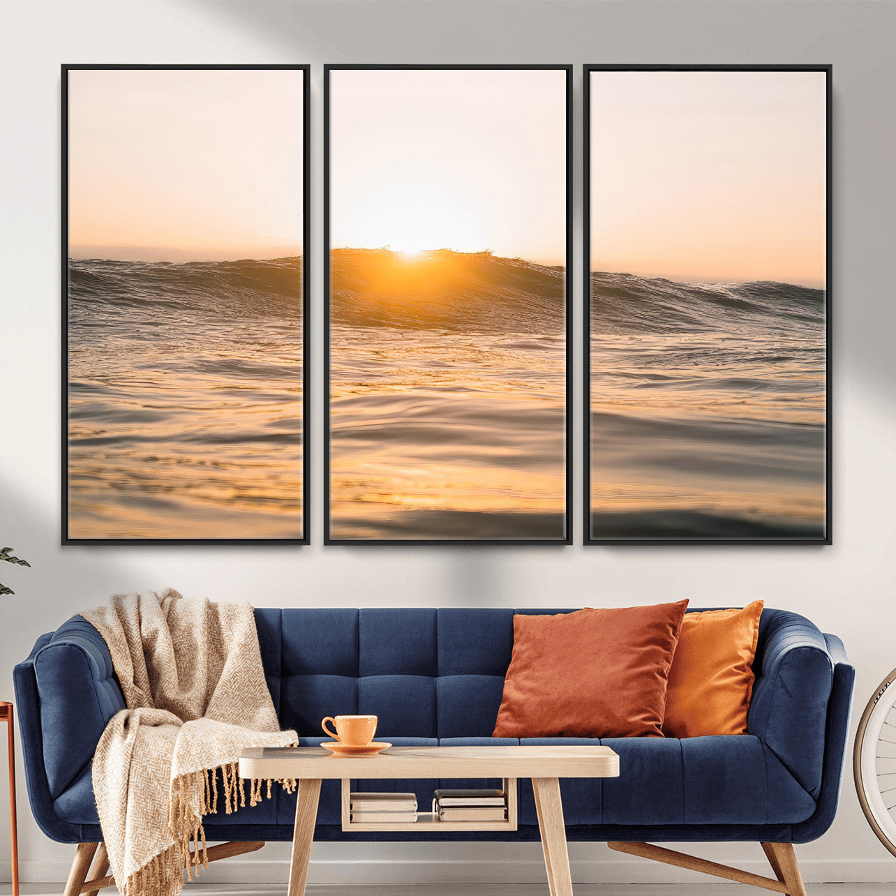 16973771-MGV-CV-36X24-Calm Water Wall Art – Framed Sunset Waves Canvas Artwork, Coastal Warm Design, Minimal Ocean Decor for Home, Office