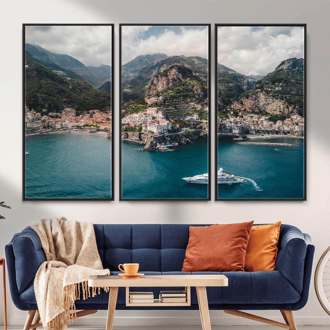 20321590-MGV-CV-36X24-Amalfi Coast Wall Art – Framed Italian Seaside Canvas Artwork, Mediterranean Landscape Design, Coastal Decor for Home, Office
