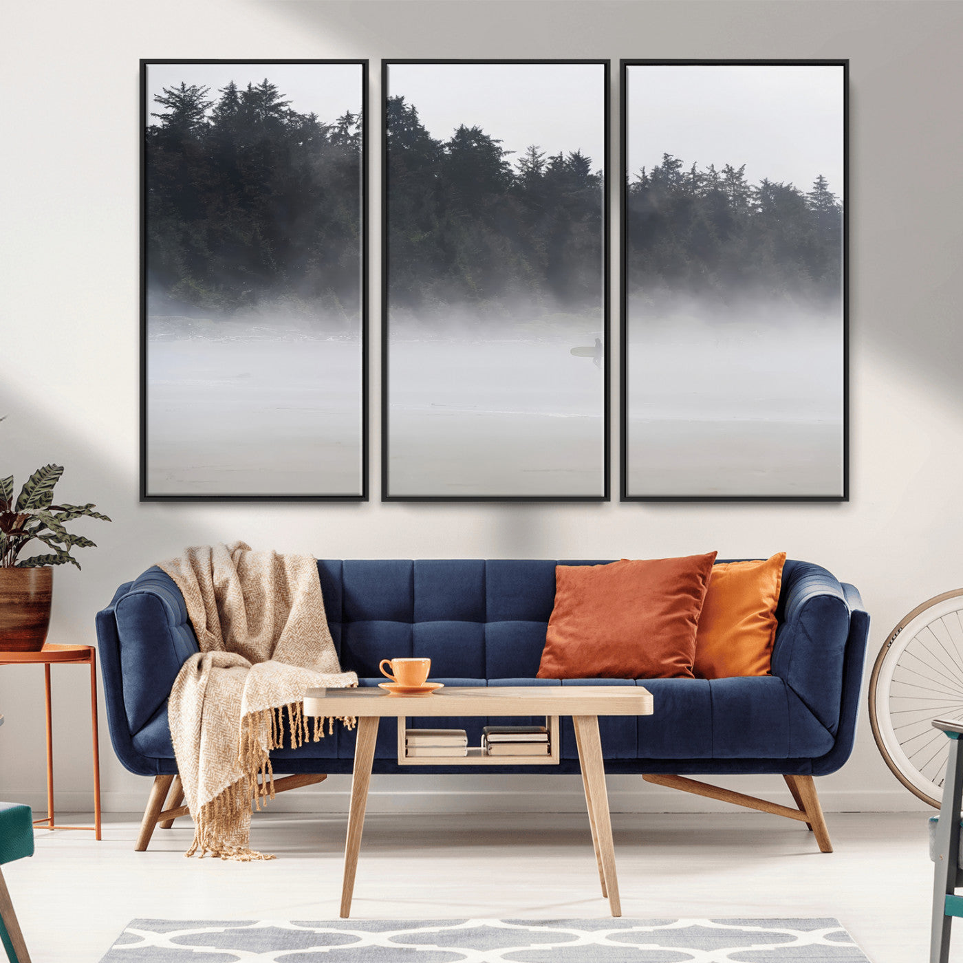 59703275-MGV-CV-36X24-Surfer Fog Wall Art Canvas Print – Framed Foggy Beach Scene with Coastal Surf Artwork for Home, Office, Living Room