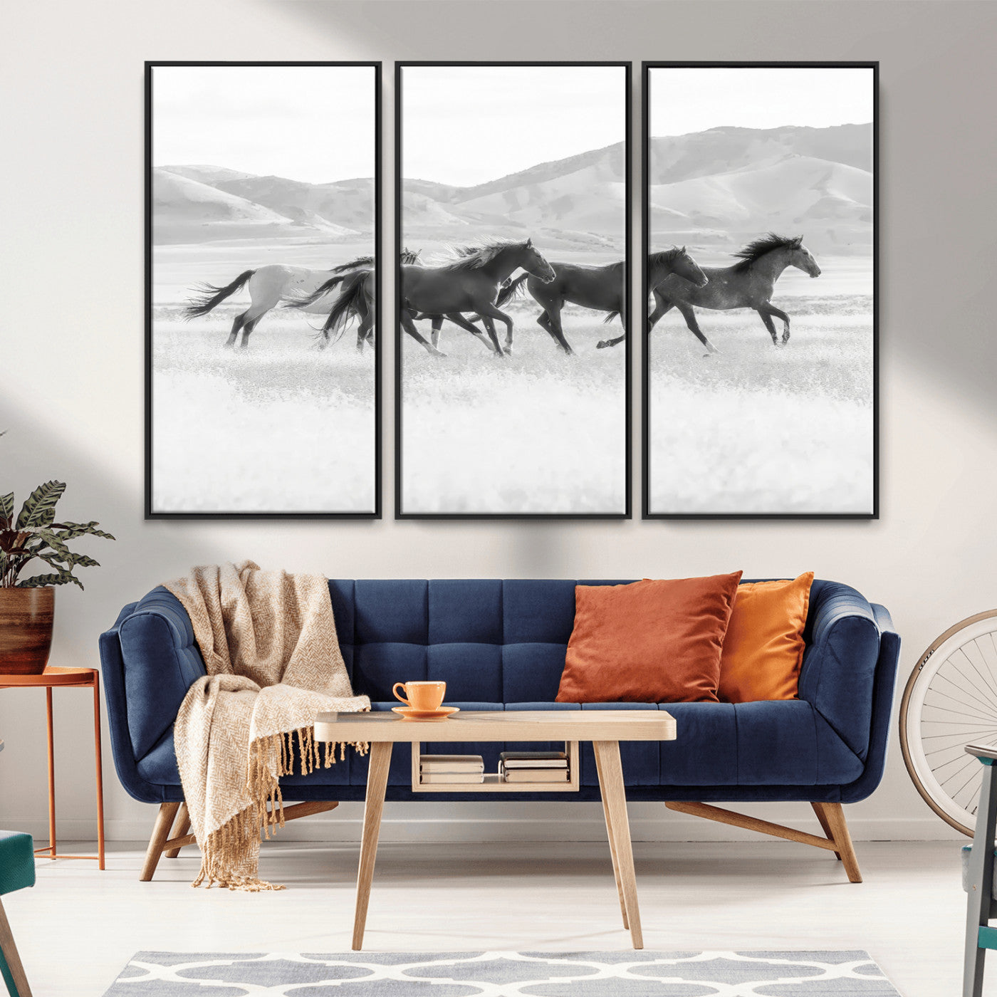 MGV-FC-48X32-3P - Wild Horses Wall Art – Black & White Canvas Print of Herd Running, Nature in Motion, Freedom & Beauty Decor for Guest Room, Office or Living Room