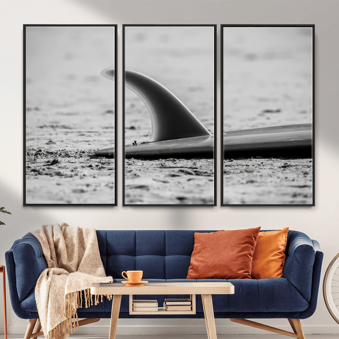 MGV-FC-48X32-3P - Black White Surfboard Wall Art Canvas Print, Framed Minimalist Beach Art Picture Print, Surf Fin Perfect Minimalist Coastal Decor Artwork