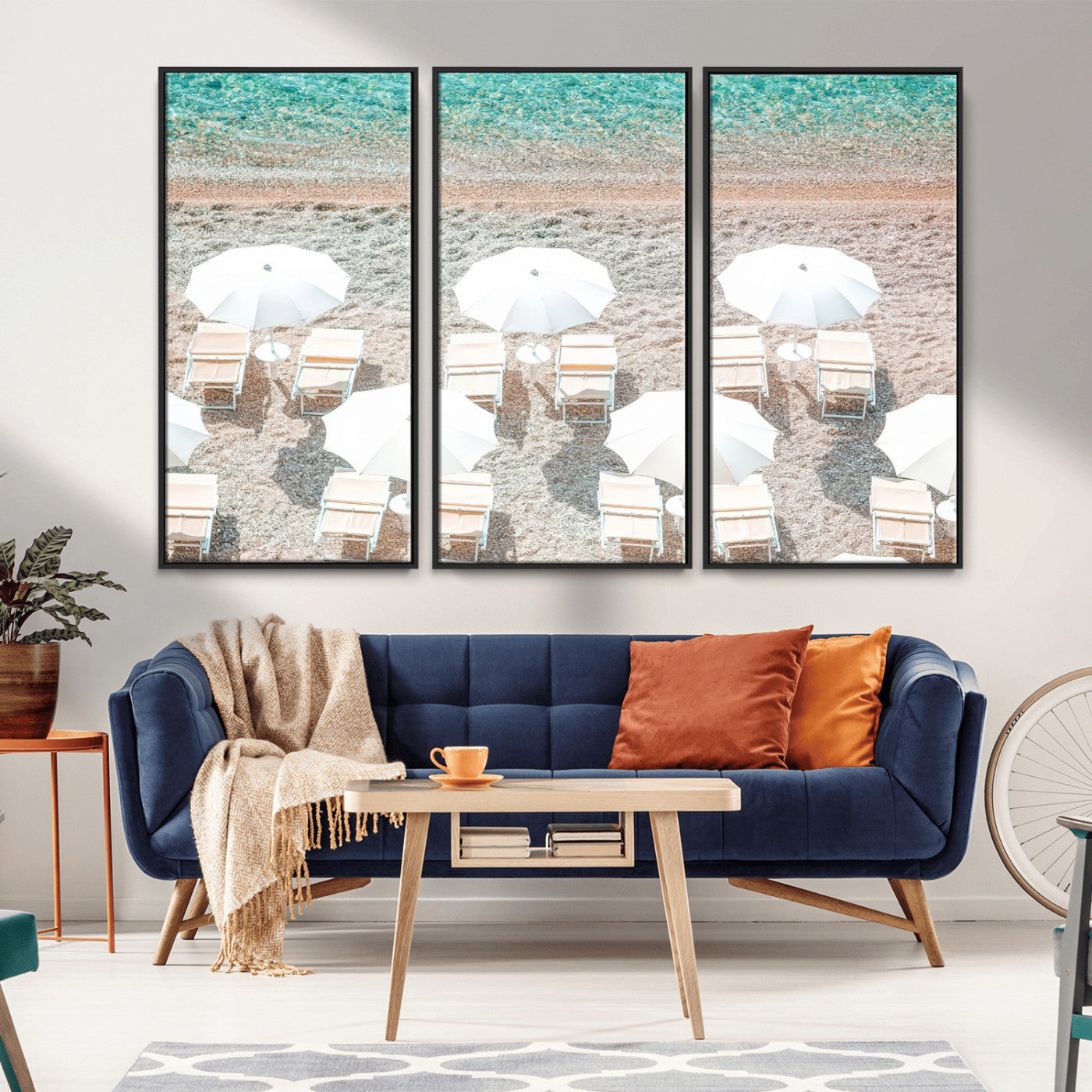 MGV-FC-48X32-3P - Calm Beach Wall Art Canvas Print, Framed Turquoise Water Art Picture Print, Umbrella Shoreline Perfect Coastal Minimalist Decor Artwork