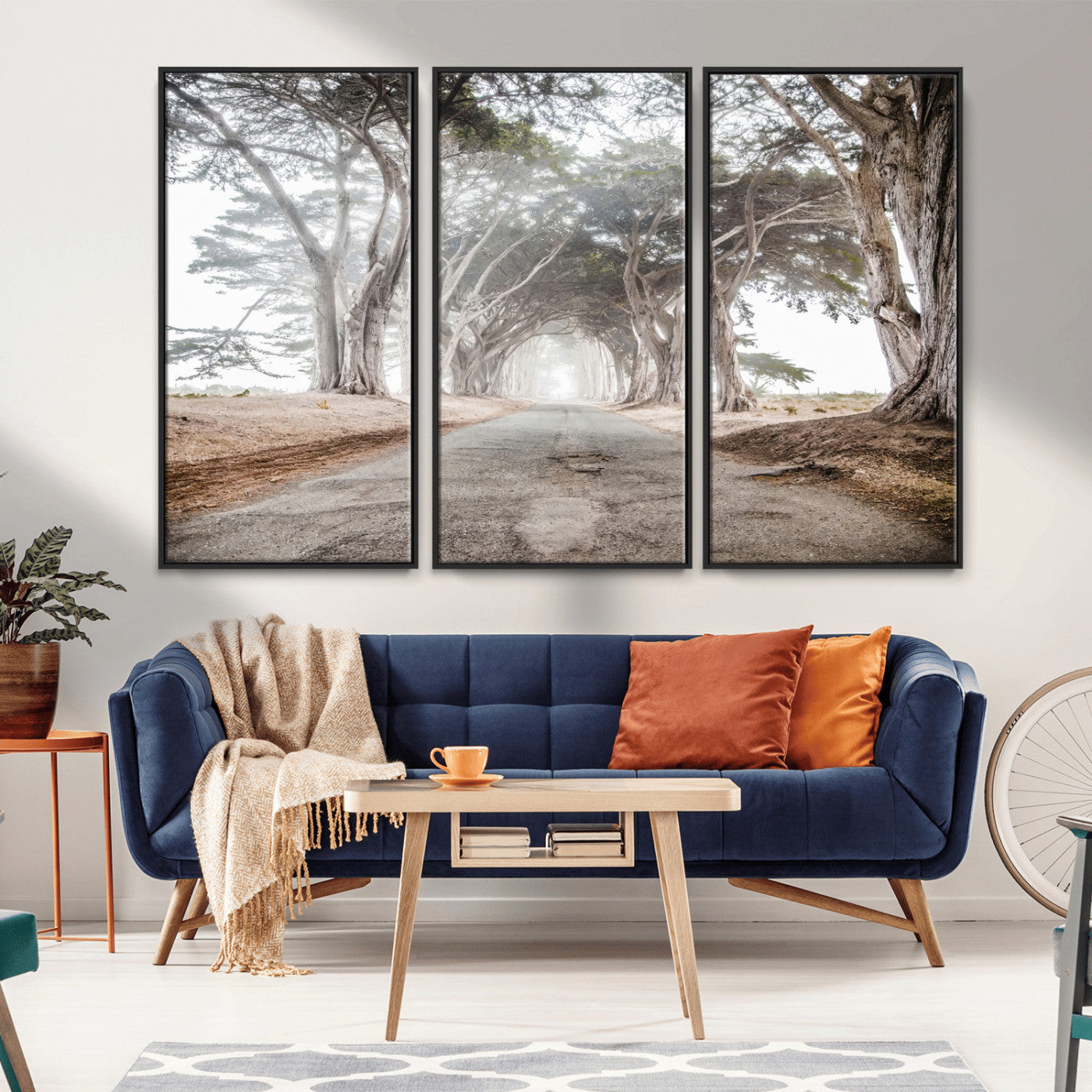 87090469-MGV-CV-36X24-Cypress Tunnel Wall Art – Framed Misty Road Canvas Artwork, Foggy Trees Design, Rustic Woodland Nature Decor for Home, Office
