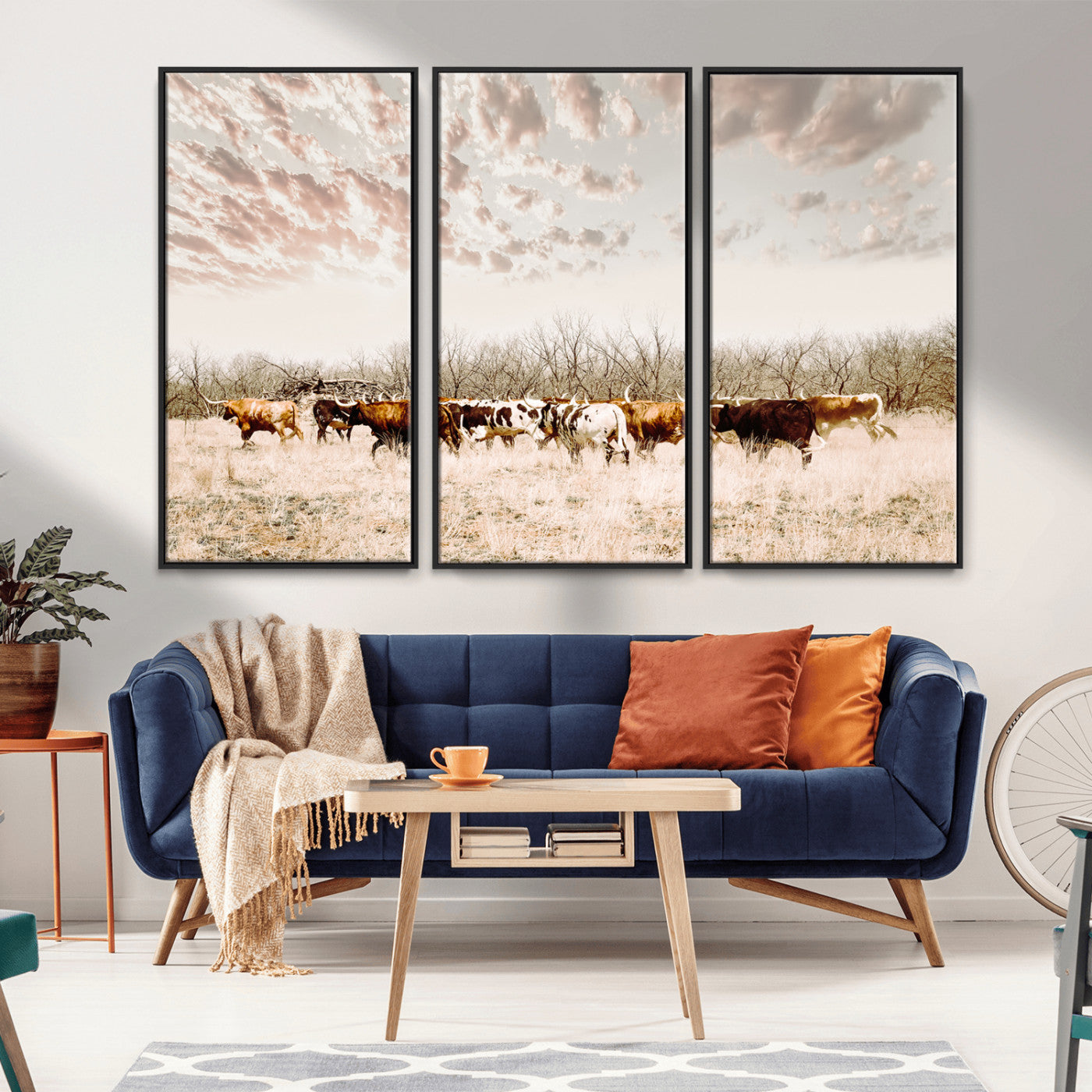 -Longhorn Cattle Wall Art Canvas Print, Framed Texas Ranch Art Picture Print, Western Cow Perfect