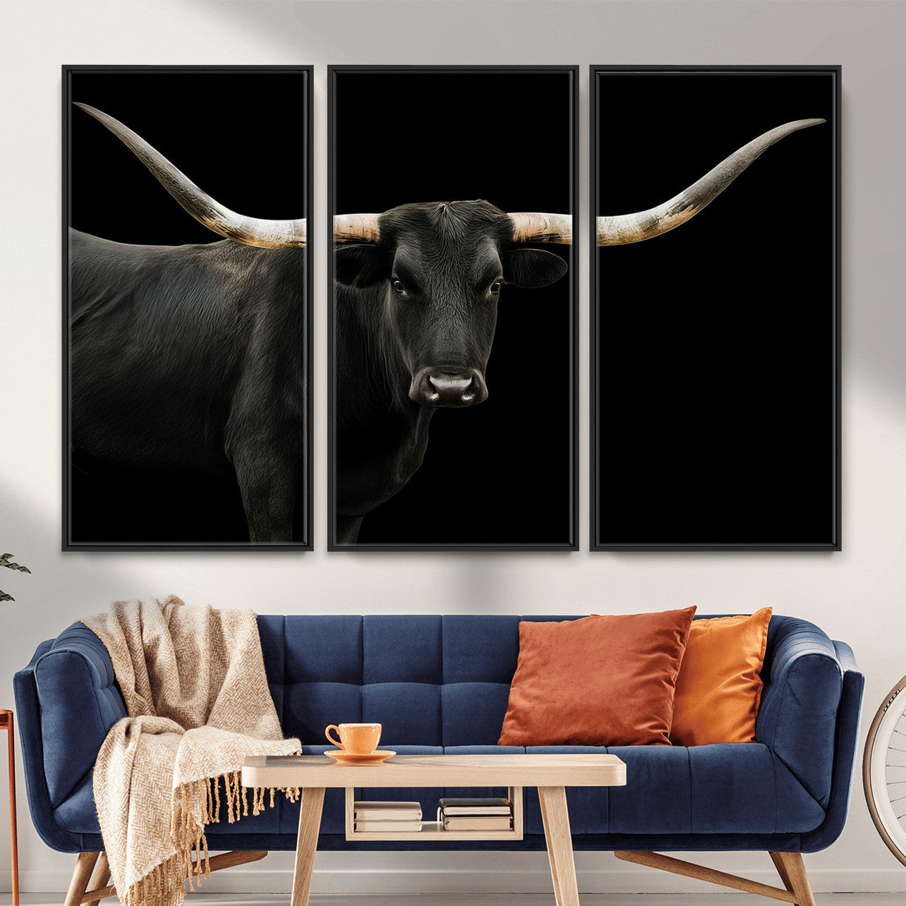 99448328-MGV-CV-36X24 - Longhorn Cattle Wall Art Canvas Print, Framed Texas Black Bull Art Picture Print, Western Cow Perfect Farmhouse Decor Artwork