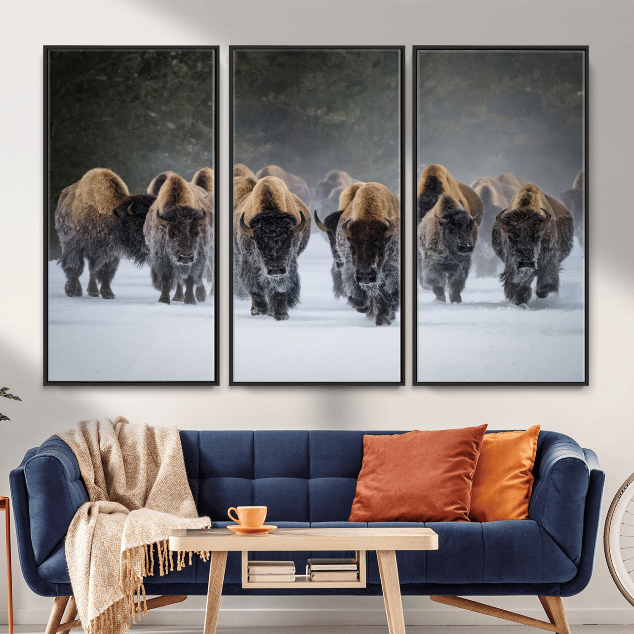 41669135-MGV-CV-36X24 - Winter Bison Herd Wall Art – Majestic Buffalo Charge Canvas Print with Snow Covered Plains, Rustic Wildlife Strength and Untamed Nature Decor for Home and Office