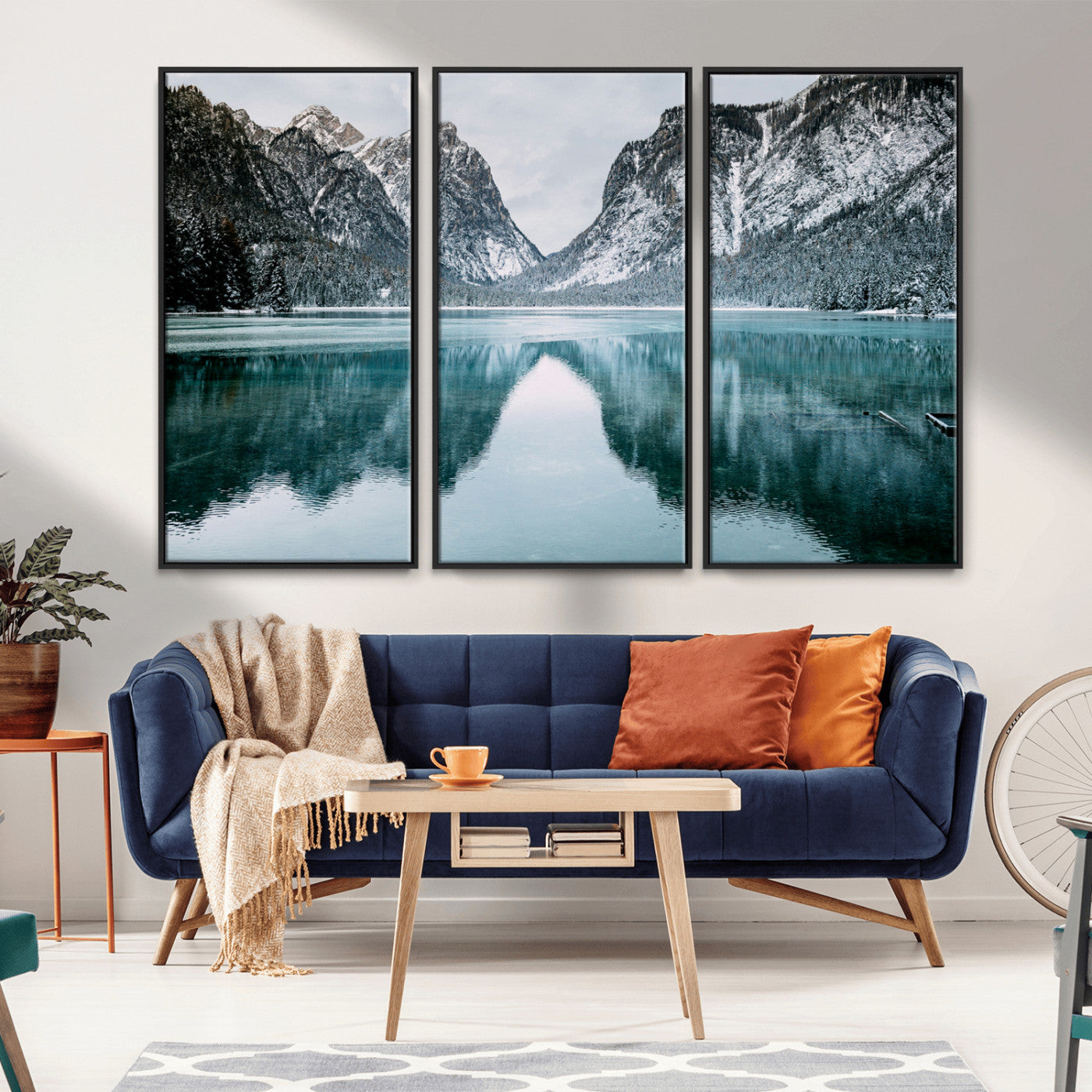 73098373-MGV-CV-36X24-Mountain Lake Wall Art Canvas Print – Framed Snowy Peaks Wonderland Nature Scene Artwork for Home Office