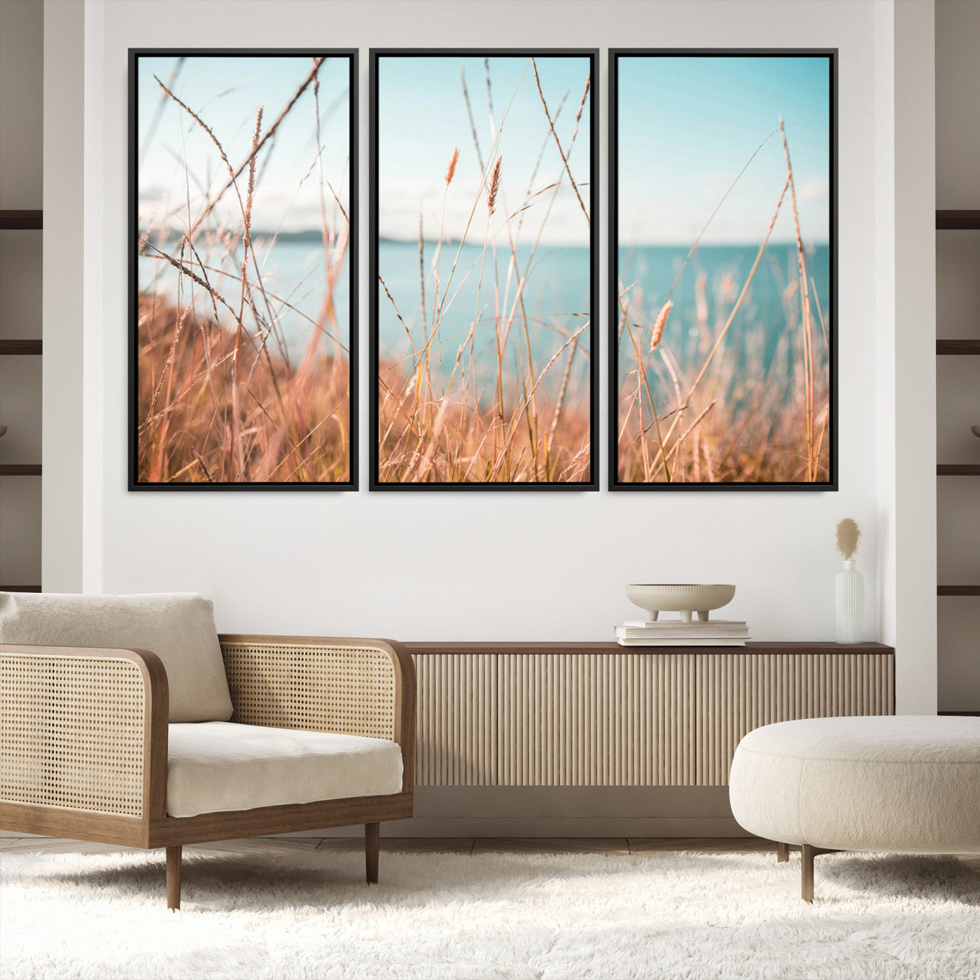 36108696-MGV-FC-48X32-3P-Coastal Grass Landscape Wall Art Canvas Print – Golden Shoreline Nature Scene Serene Ocean View Artwork for Home Office