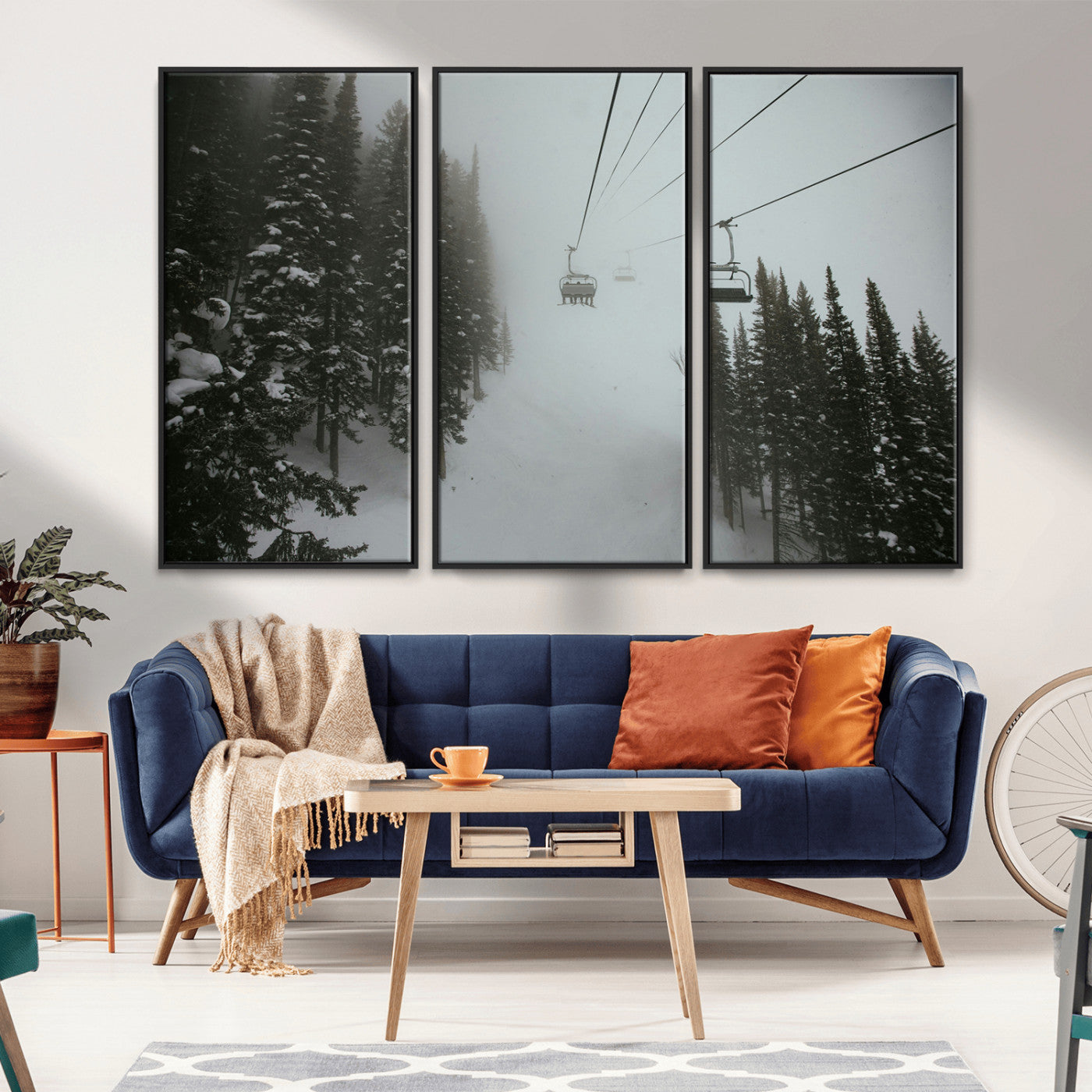 87018452-MGV-CV-36X24-Ski Lift Wall Art Canvas Print – Snowy Pines Misty Landscape Winter Serenity Artwork for Home, Office Decor