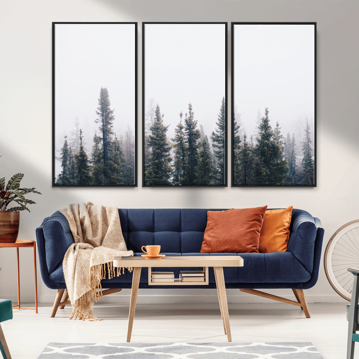 -Foggy Forest Wall Art Canvas Print – Framed Misty Pines Moody Woodland Nature Scene Artwork for Home Office