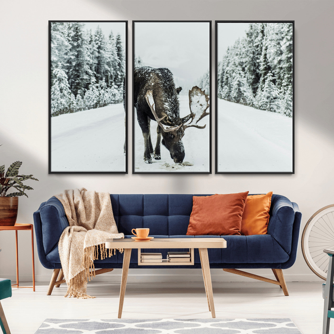 -Moose Snow Wall Art Canvas Print – Framed Winter Wildlife Snowy Forest Nature Scene Artwork for Home, Office, Living Room