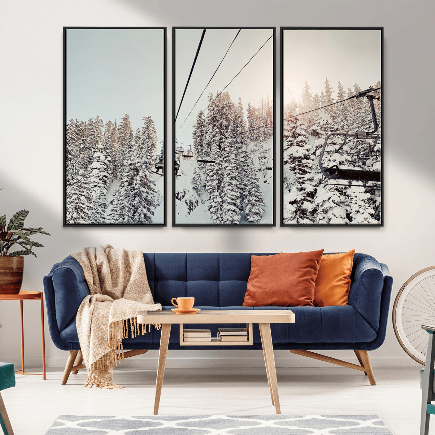 91534512-MGV-CV-36X24-Frosty Pines Wall Art Canvas Print – Framed Cozy Cabin Ski Lift Ride Winter Scene Artwork for Home Office