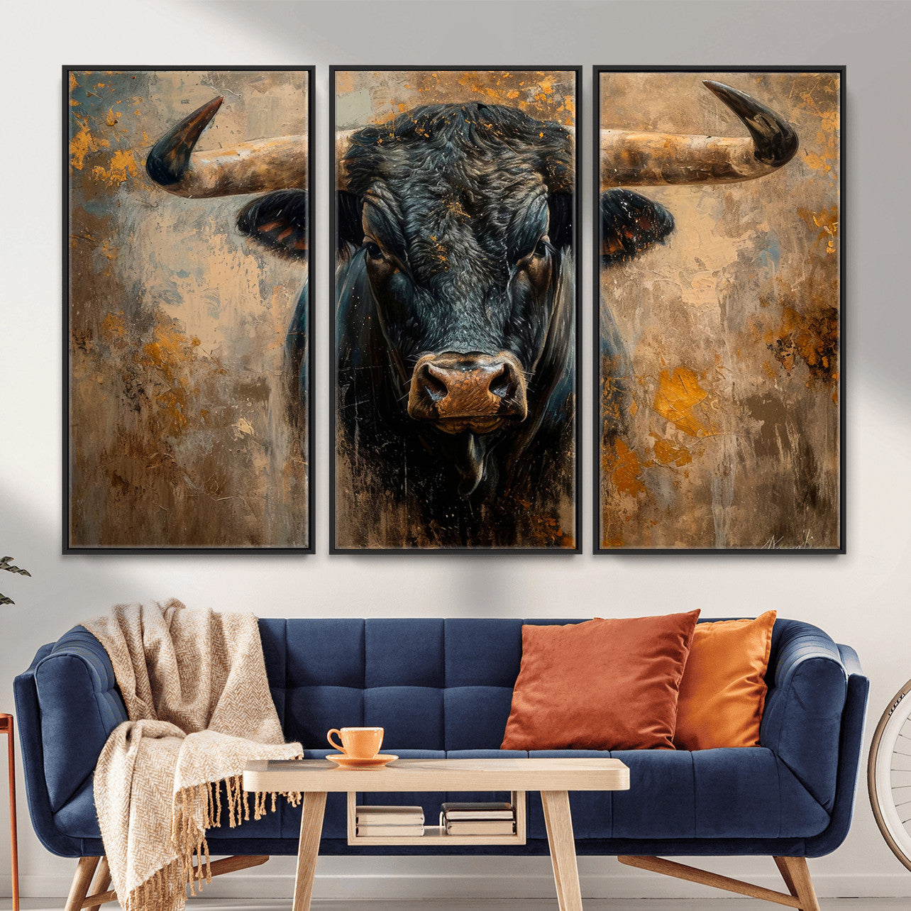 91615410-MGV-CV-36X24 - Abstract Texas Longhorn Bull Wall Art – Rustic Farmhouse Canvas Print, Western Cabin Style Decor, Large Animal Artwork for Living Room or Office