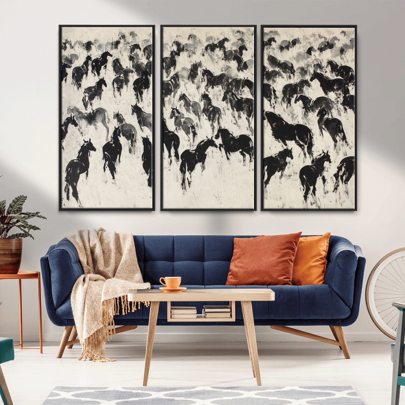 -Wild Horse Stampede Wall Art Canvas Print – Monochrome Running Horses Dynamic Motion Elegant Scene Artwork for Home, Office