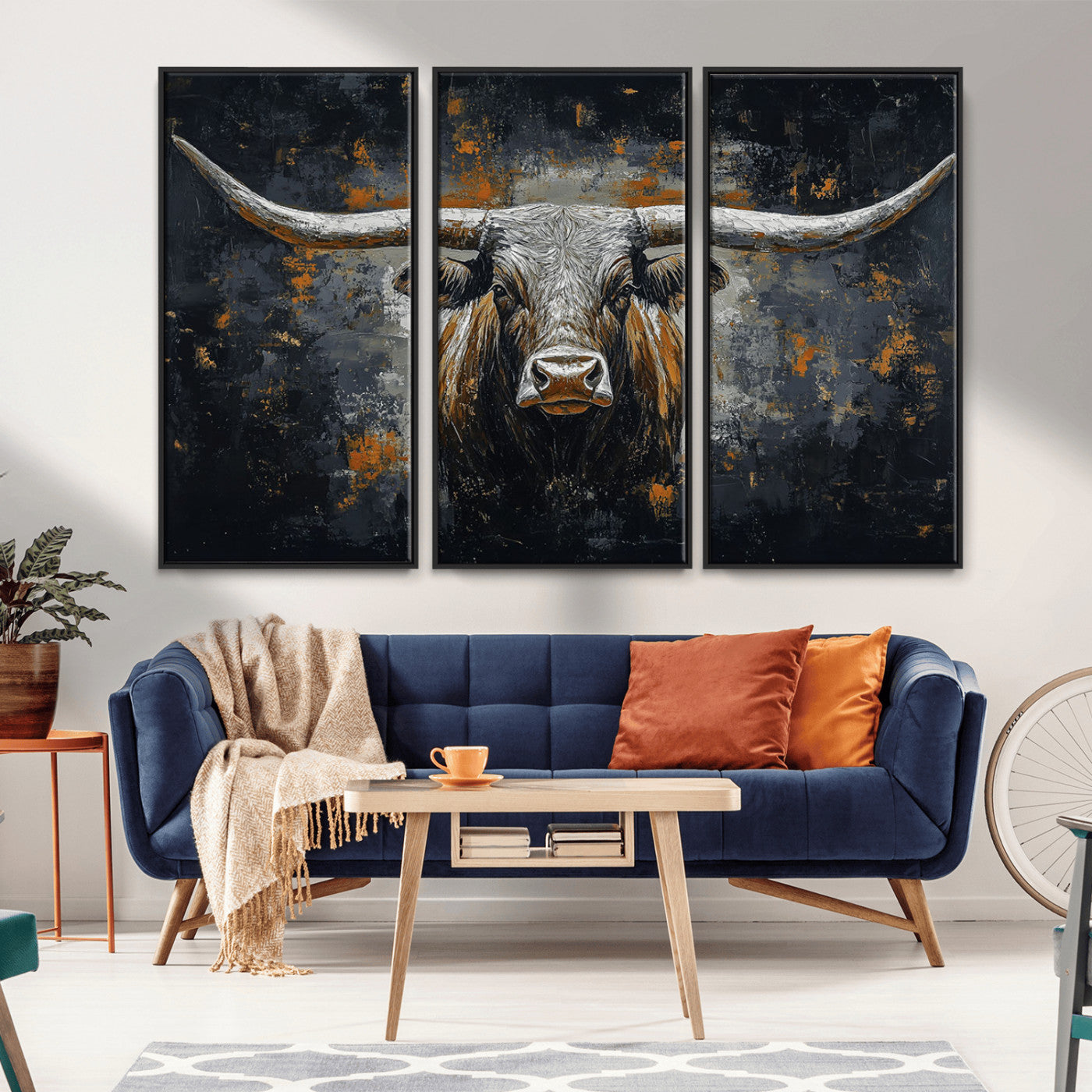93195031-MGV-CV-36X24-Rustic Longhorn Bull Wall Art Canvas Print – Vintage Western Cattle Scene, Texas Steer Artwork for Home, Office