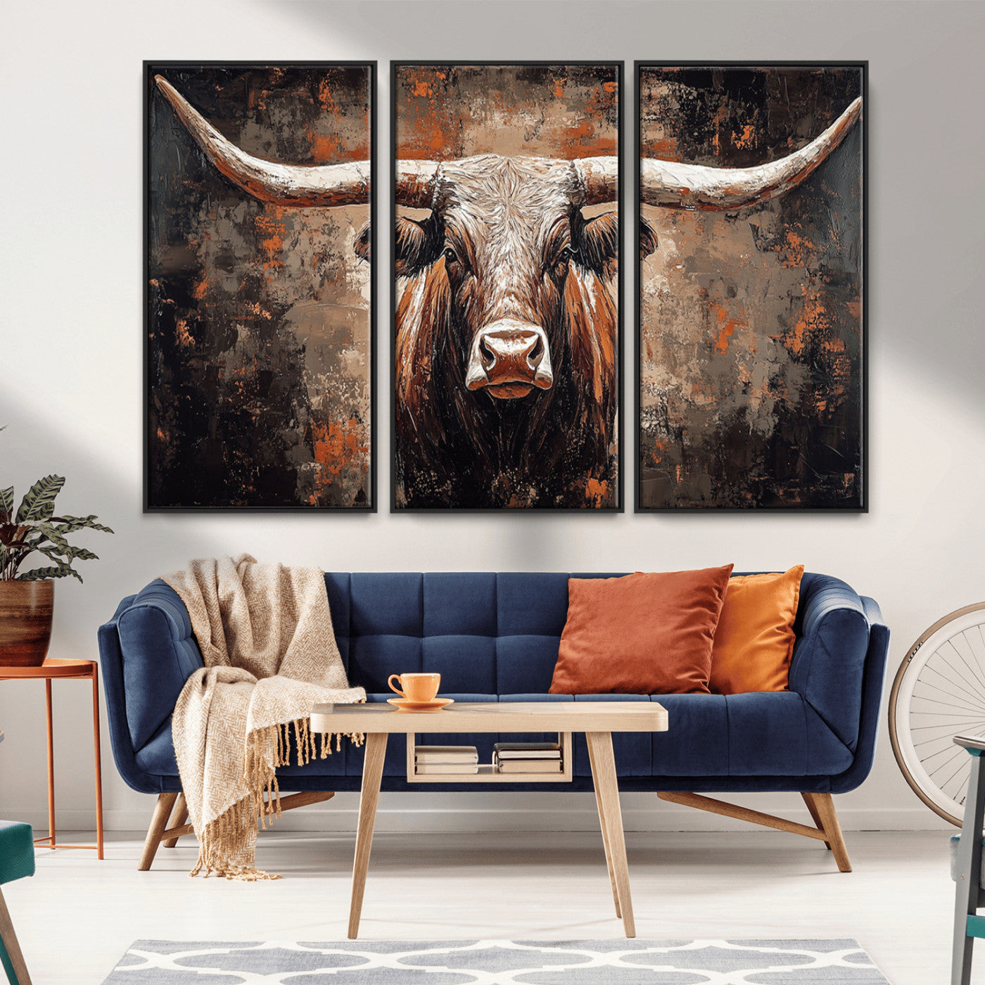 42732393-MGV-CV-36X24-Rustic Longhorn Bull Wall Art Canvas Print – Vintage Western Cattle Scene, Texas Steer Artwork for Home, Office
