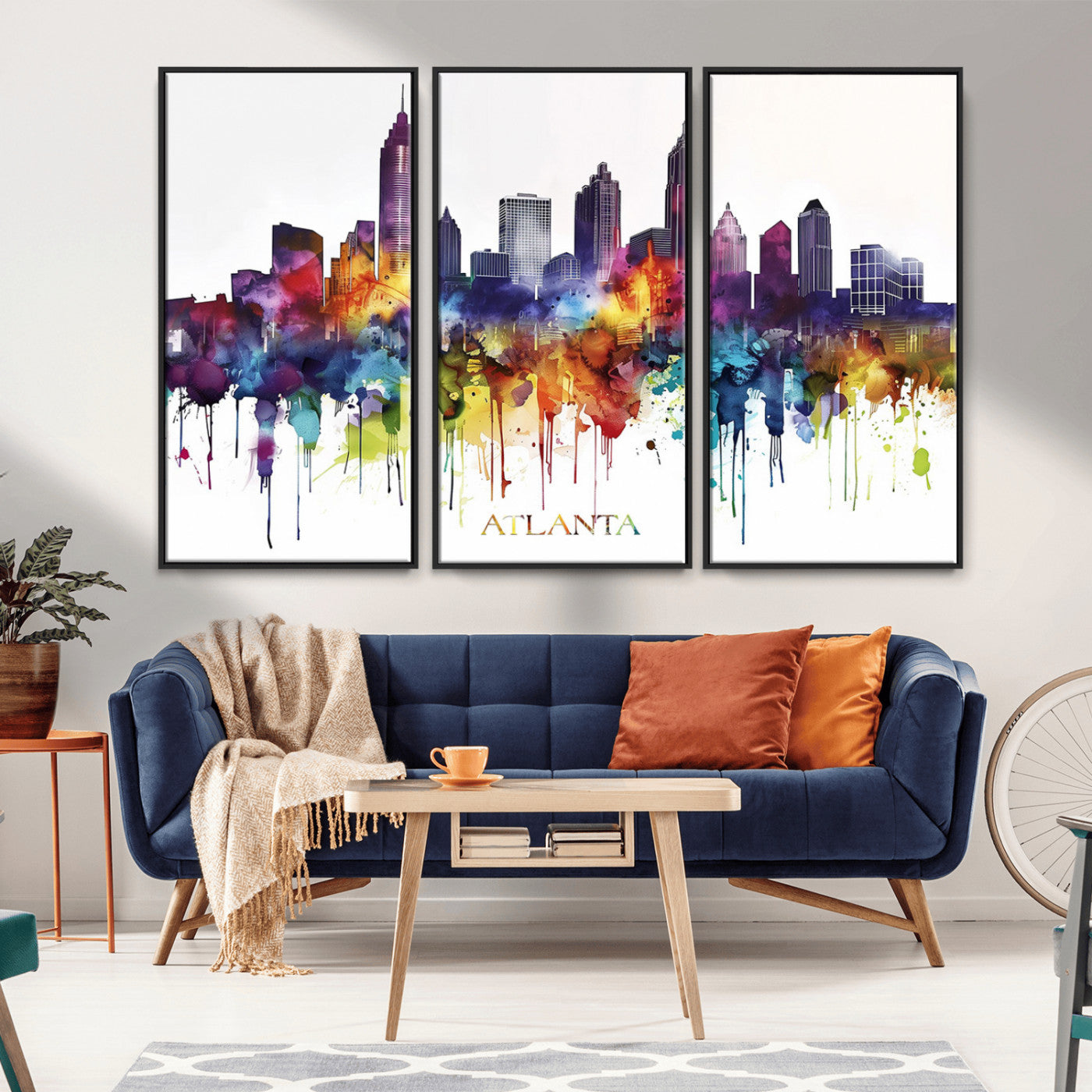 36048320-MGV-CV-36X24-Atlanta Skyline Wall Art Canvas Print – Framed Colorful Watercolor Cityscape Abstract Urban Artwork for Home, Office