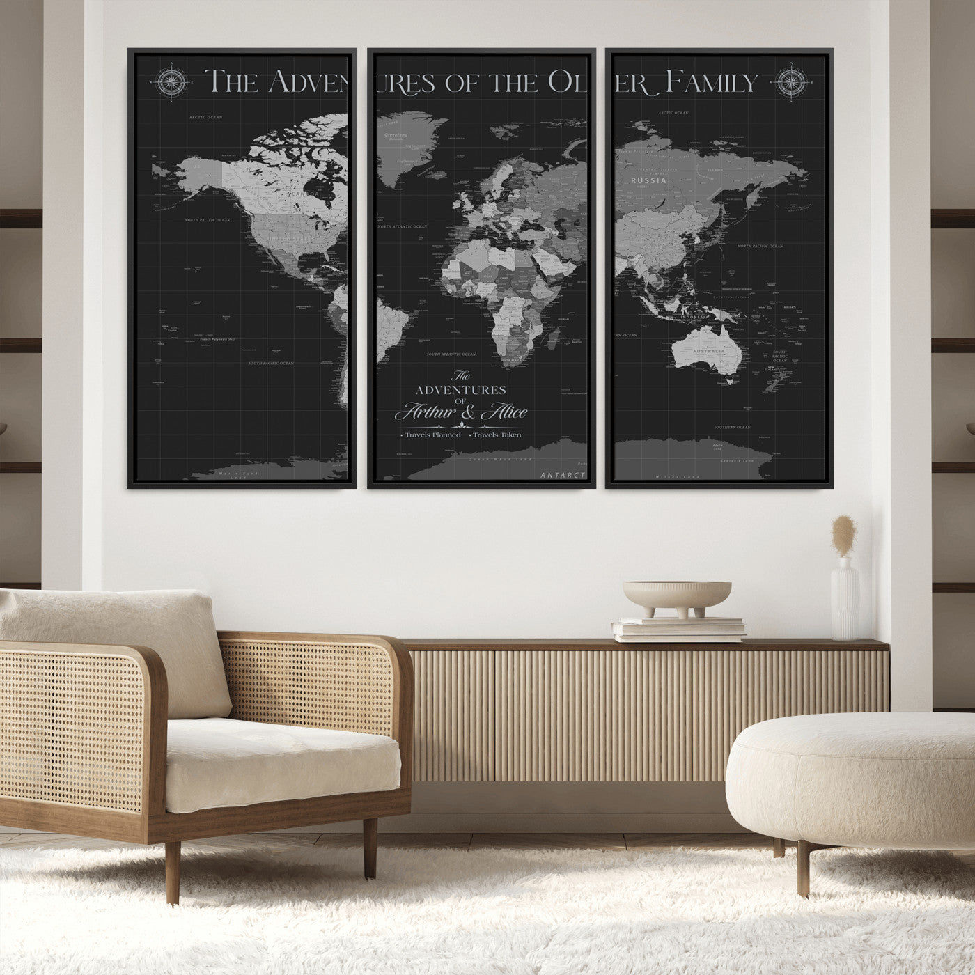 -Personalized Family World Map Canvas – Custom Framed Push Pin Travel Tracker, Modern Adventure Wall Art for Home, Office