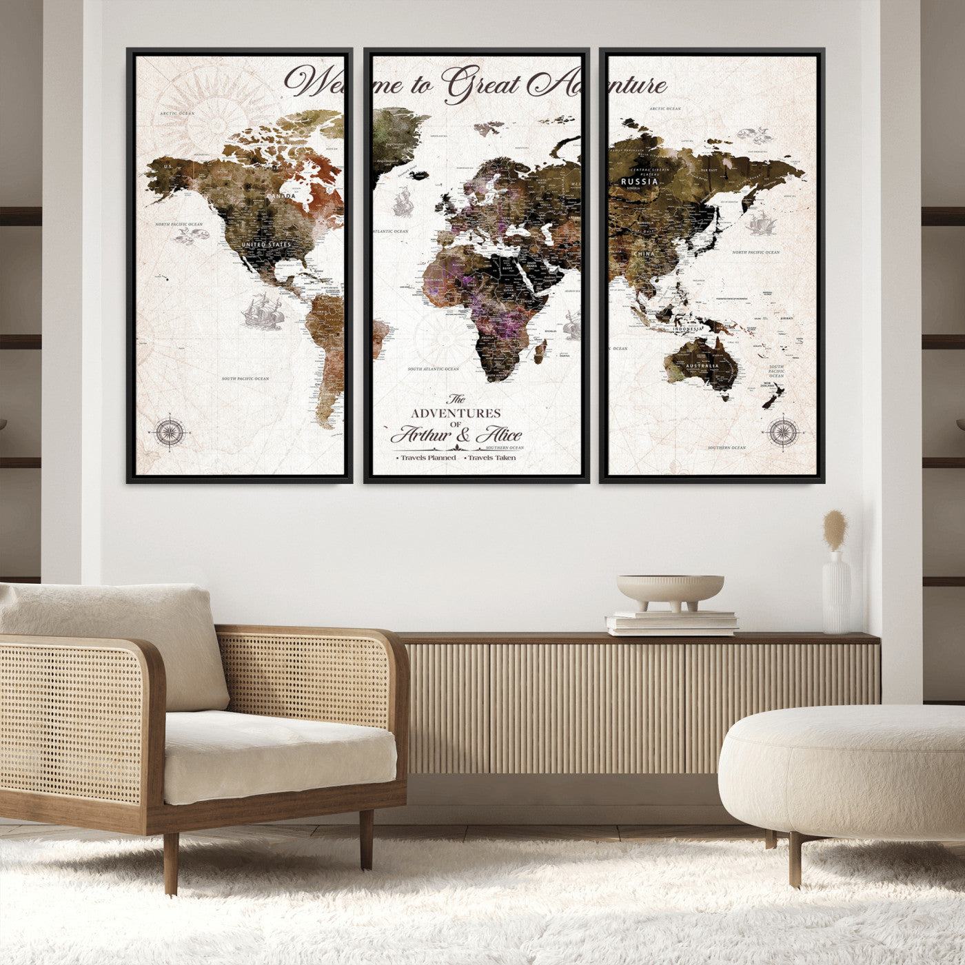 -Personalized World Map Canvas Custom Framed Push Pin Travel Tracker Vintage Adventure Wall Art Gift Couples Travelers Home, Office
