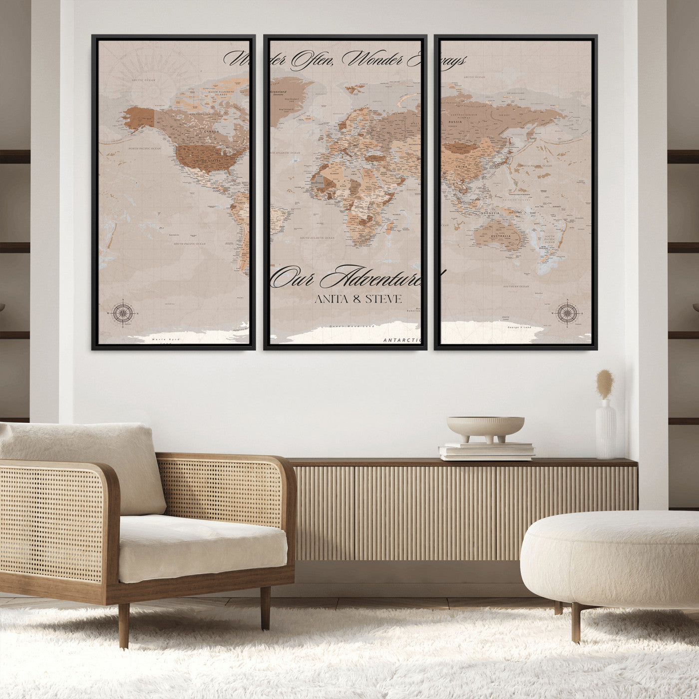 -Personalized World Map Canvas Custom Framed Push Pin Travel Tracker Elegant Neutral Wall Art Gift Couples Travelers for Home, Office