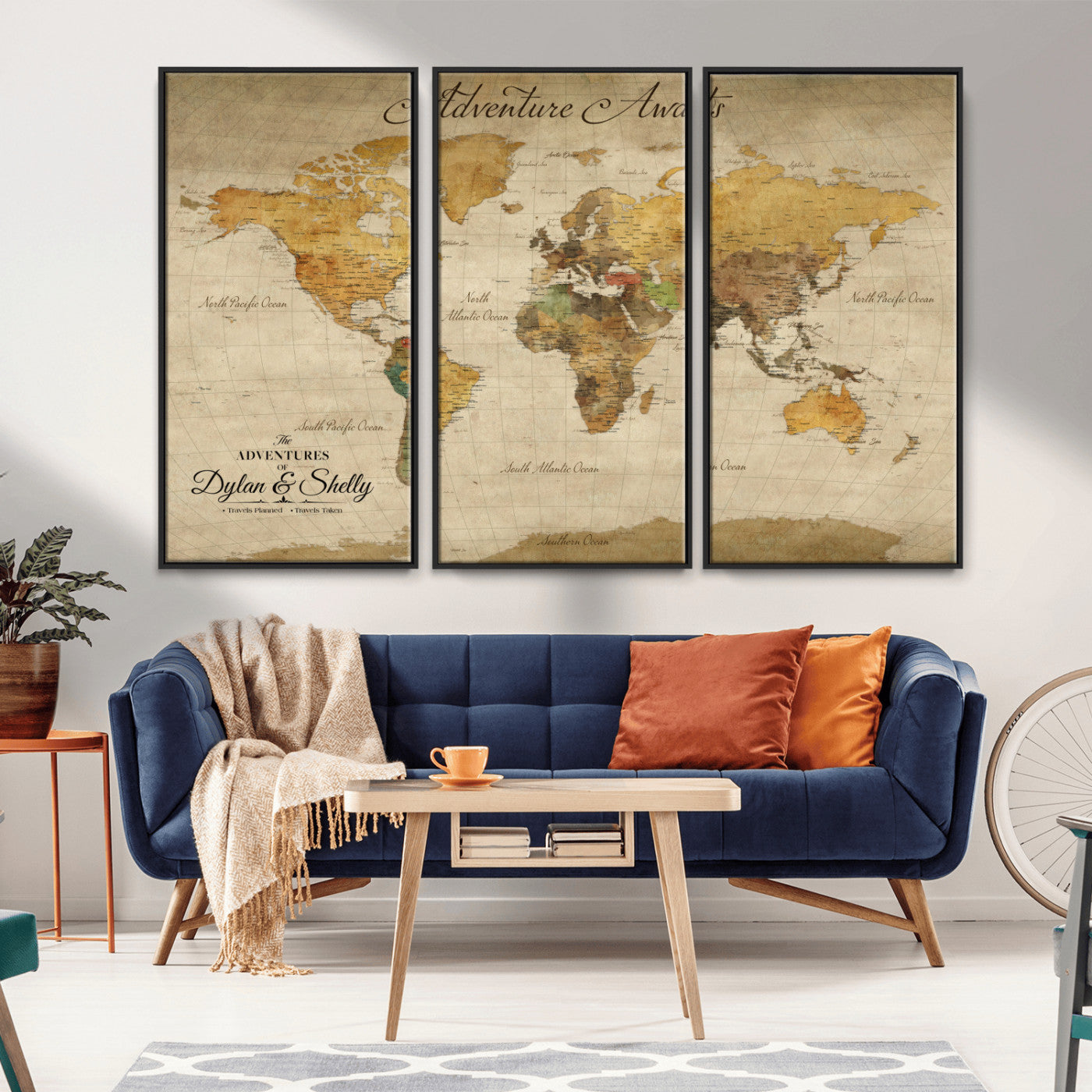 Rehber01-MGV-CV-36X24-Personalized World Map Canvas – Custom Framed Push Pin Travel Map Wall Art, Rustic Vintage Gift for Couples and Travel Lovers