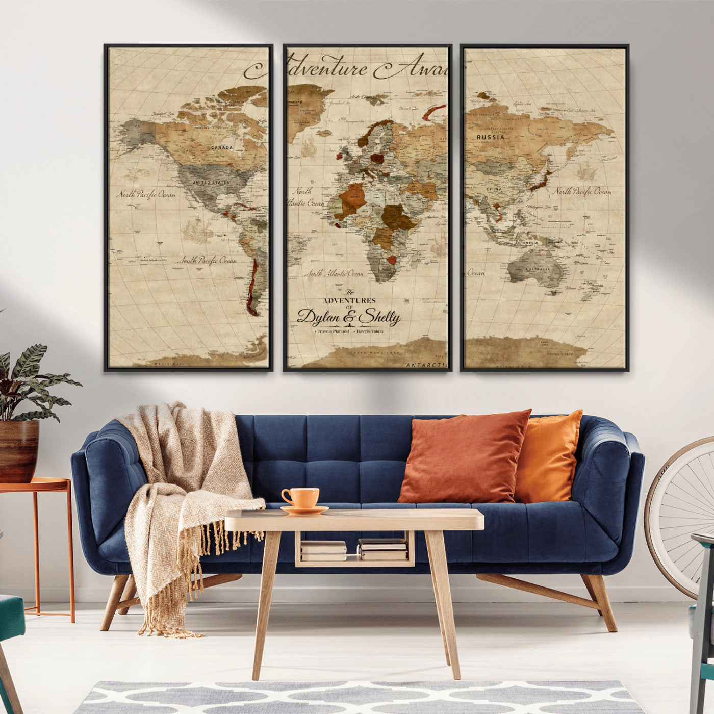Rehber01-MGV-CV-36X24-Personalized World Map Canvas – Custom Framed Push Pin Travel Map Wall Art with Names, Vintage Style Gift for Couples