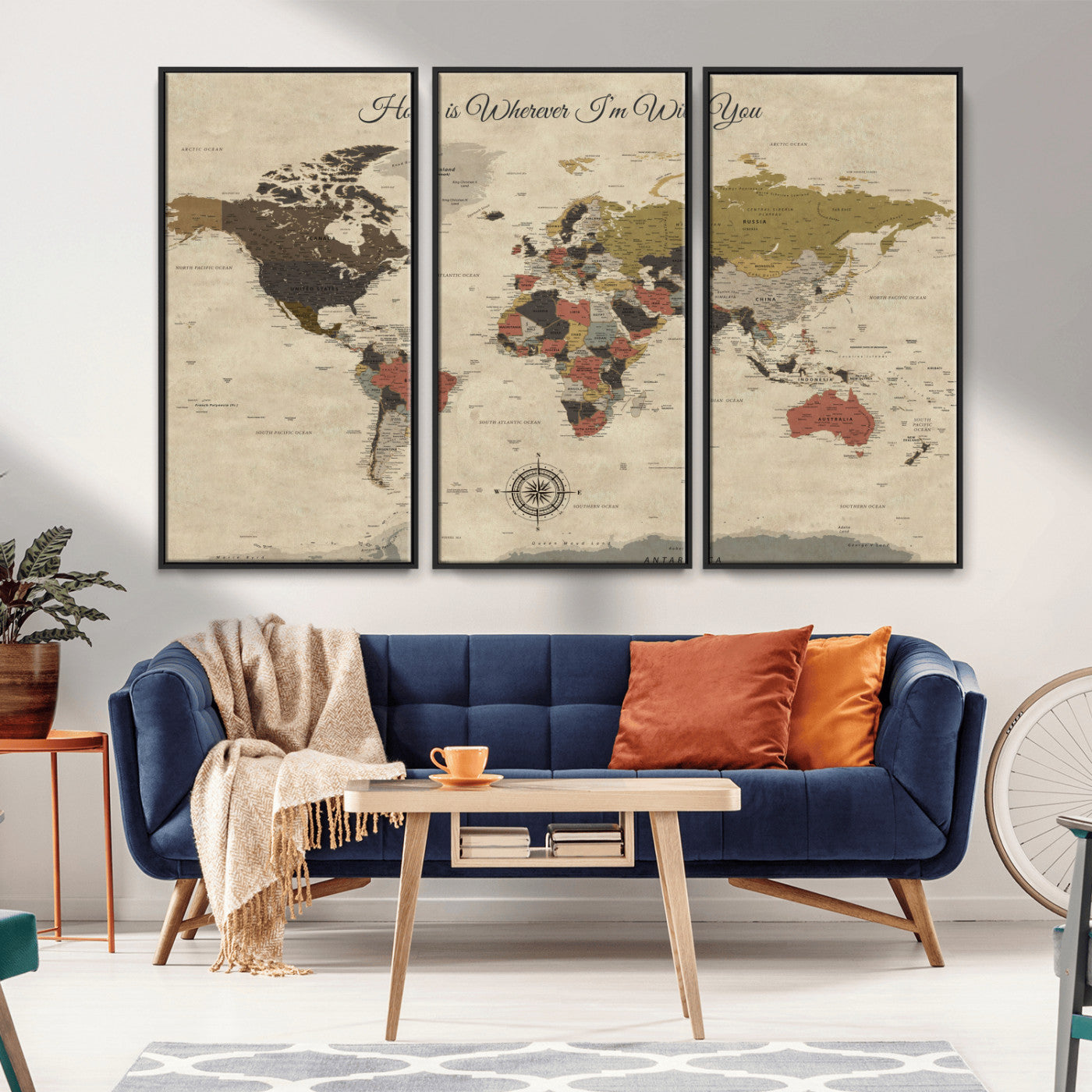 -Personalized World Map Wall Art Canvas Print – Customizable Push Pin Framed Travel Map Artwork for Home Office