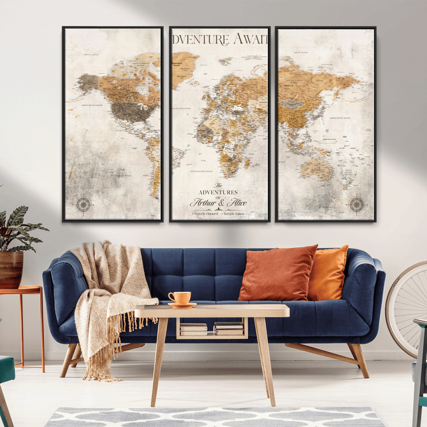 Rehber01-MGV-CV-36X24-Personalized World Map Canvas Print – Custom Push Pin Travel Map Vintage Neutral Style Gift for Couples Travelers for Home Office