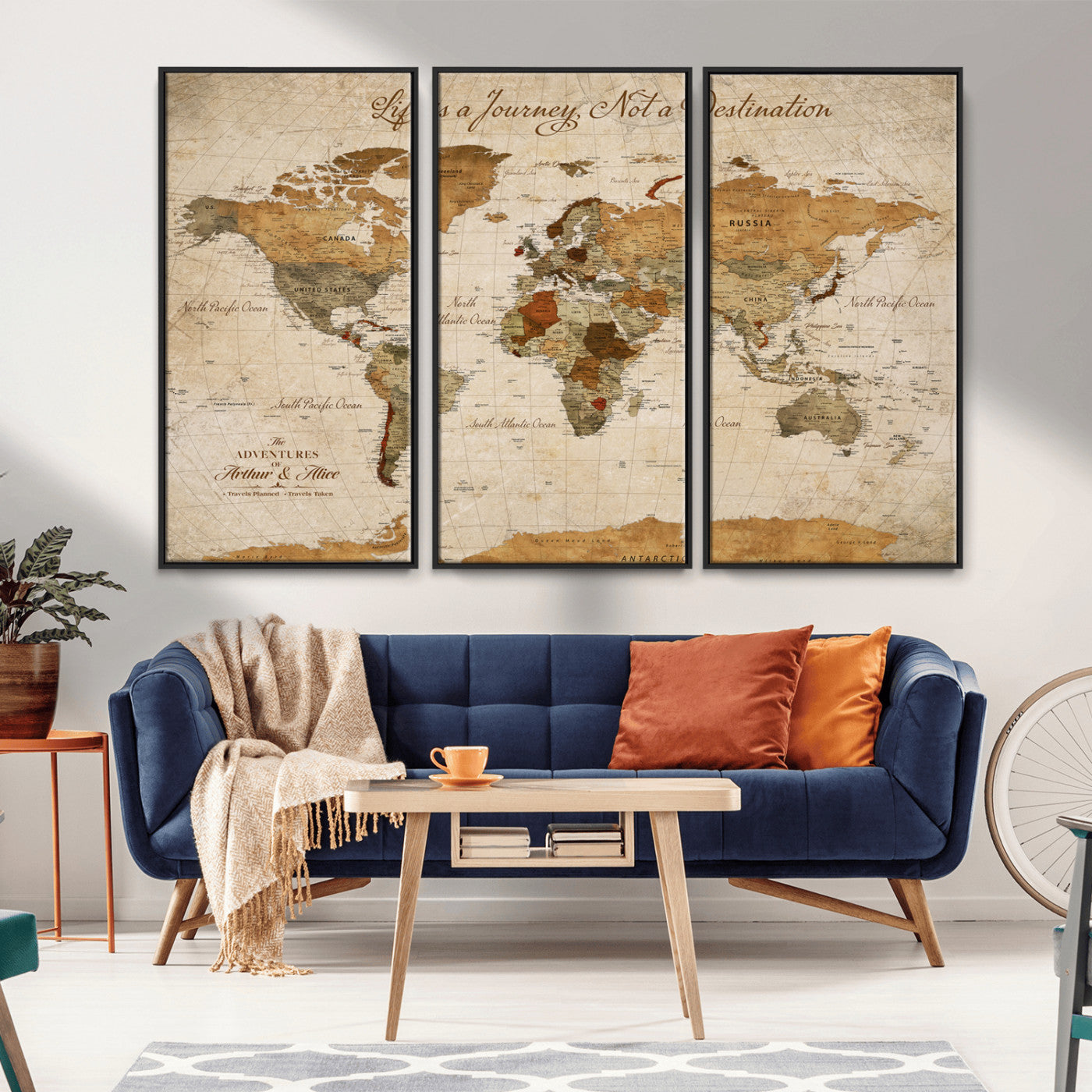 Rehber01-MGV-CV-36X24-Personalized Vintage World Map Canvas – Custom Framed Push Pin Travel Map Wall Art, Rustic Gift for Couples and Travel Lovers