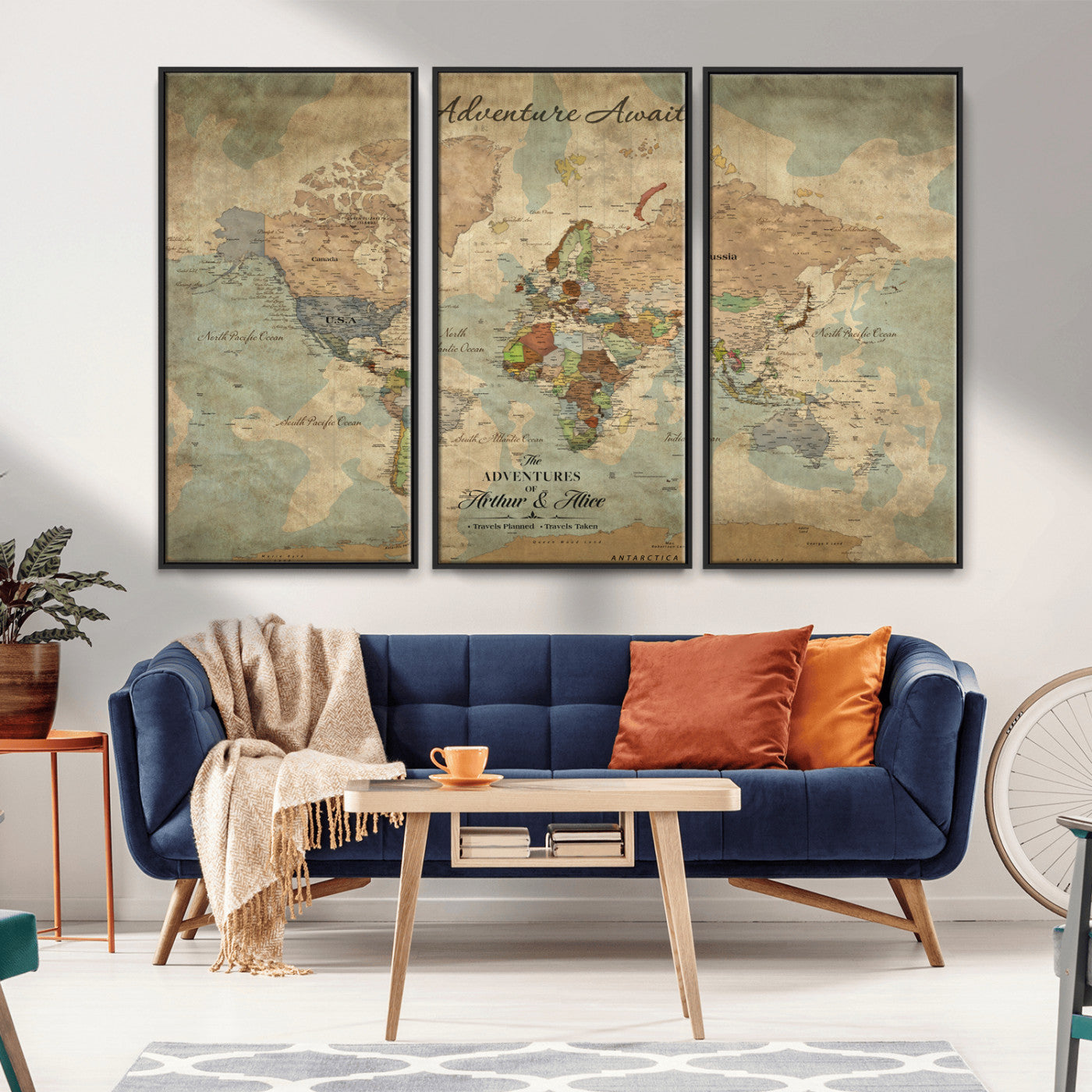 Rehber01-MGV-CV-36X24-Personalized Vintage World Map Canvas Print – Custom Push Pin Travel Map Antique Style Gift for Couples Travelers for Home Office
