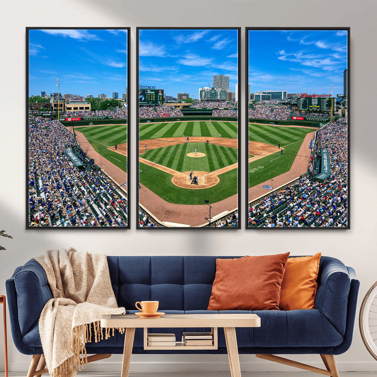 35800083-MGV-FC-48X32-3P - Wrigley Field Baseball Stadium Canvas Wall Art – Packed Crowd Sports Stadium City Skyline Artwork for Home Office