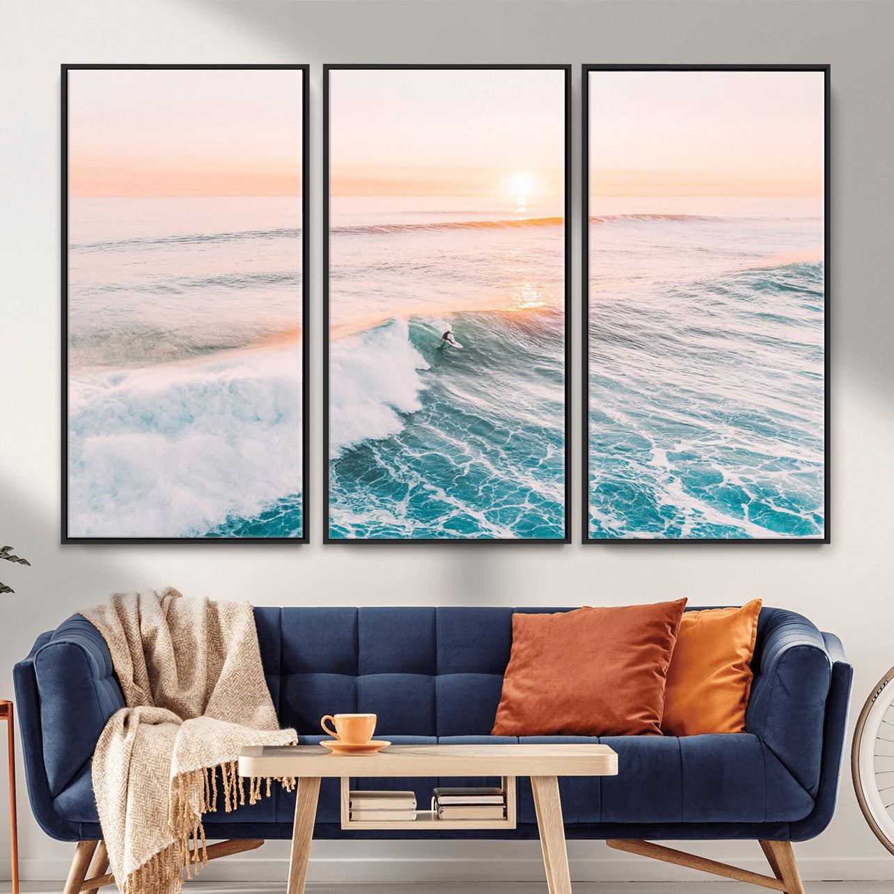 34064591-MGV-CV-36X24 - Sunset Surfing Wall Art Canvas Print, Ocean Wave Surfer with Golden Sky Artwork for Home, Office, Living Room