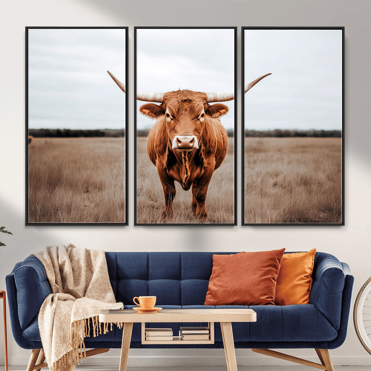 16316734-MGV-FC-48X32-3P - Longhorn bull, open field, rustic charm, natural beauty, Wall Art Canvas Print, countryside,