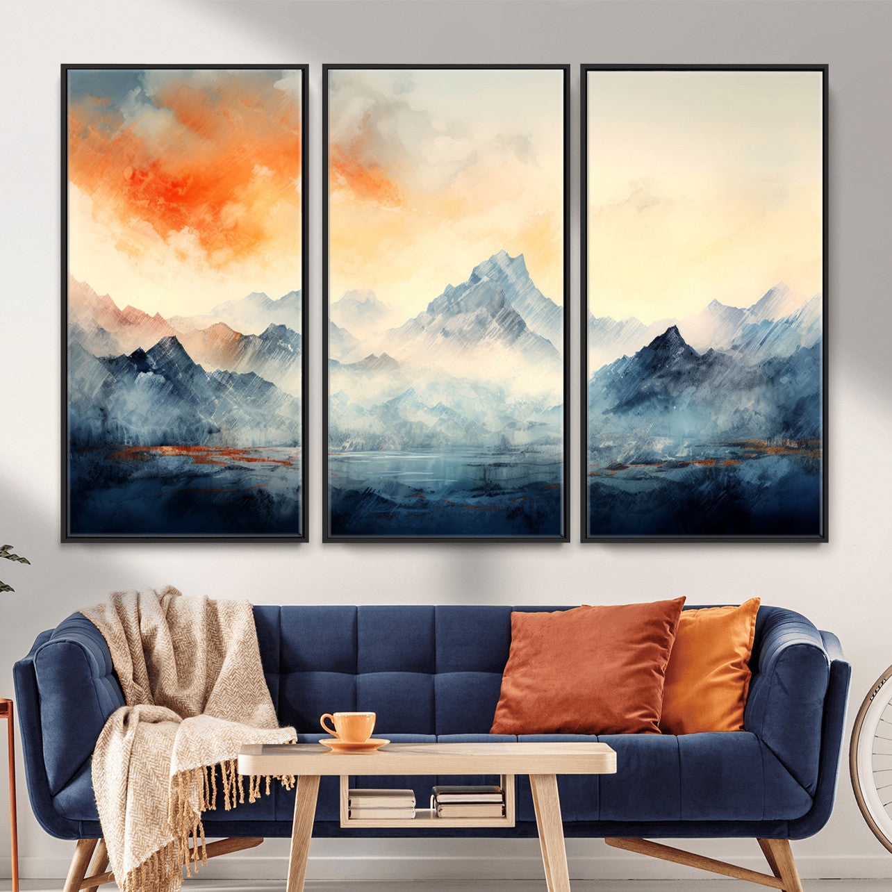 WRM1005-MGV-FC-48X32-3P - Warm Clouds Abstract Mountain Wall Art, Modern Landscape Canvas Print, Minimal Framed Artwork for Home, Office
