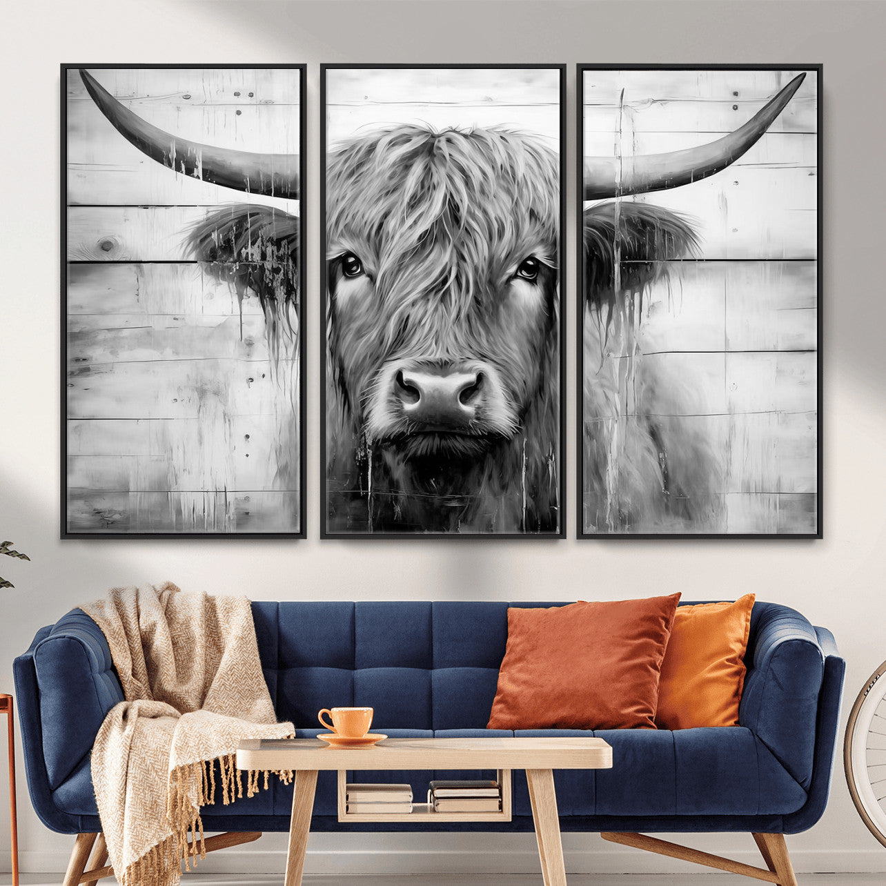 1001HASAN27-MGV-FC-48X32-3P - Black White Highland Cow Wall Art Canvas Print