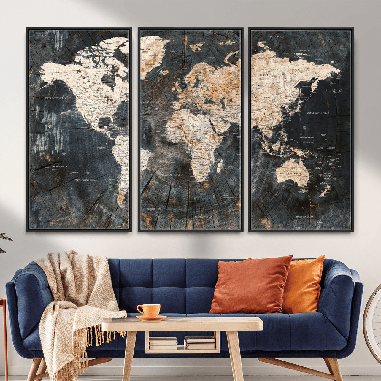 57626704-MGV-FC-48X32-3P - World Map Wall Art Canvas Print, Modern Decorative Framed Map Artwork Prints for Living Room, Office, Bedroom Wall Decor