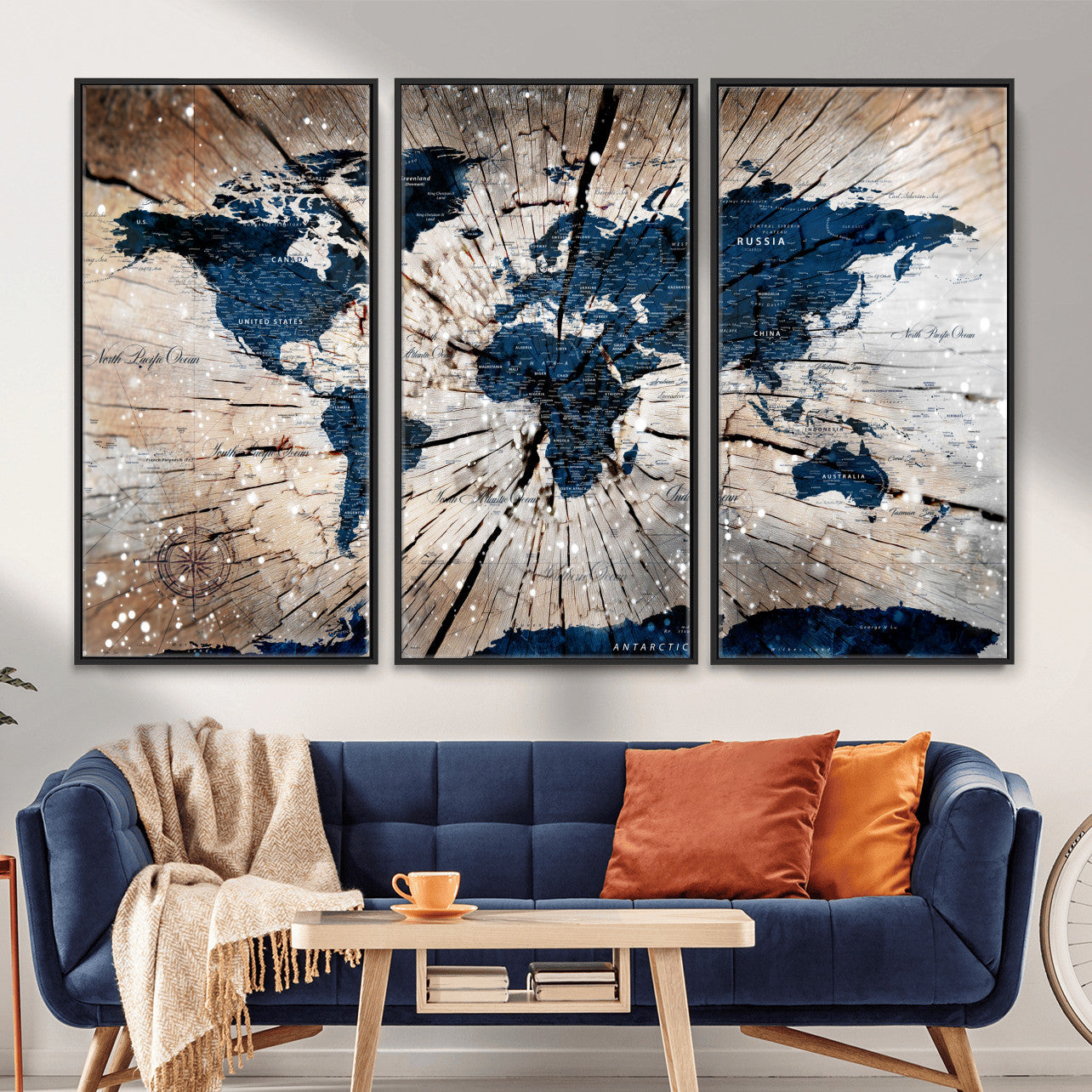 99001695-MGV-FC-48X32-3P - World Map Wall Art Canvas Print, Modern Decorative Framed Map Artwork Prints for Living Room, Office, Bedroom Wall Decor