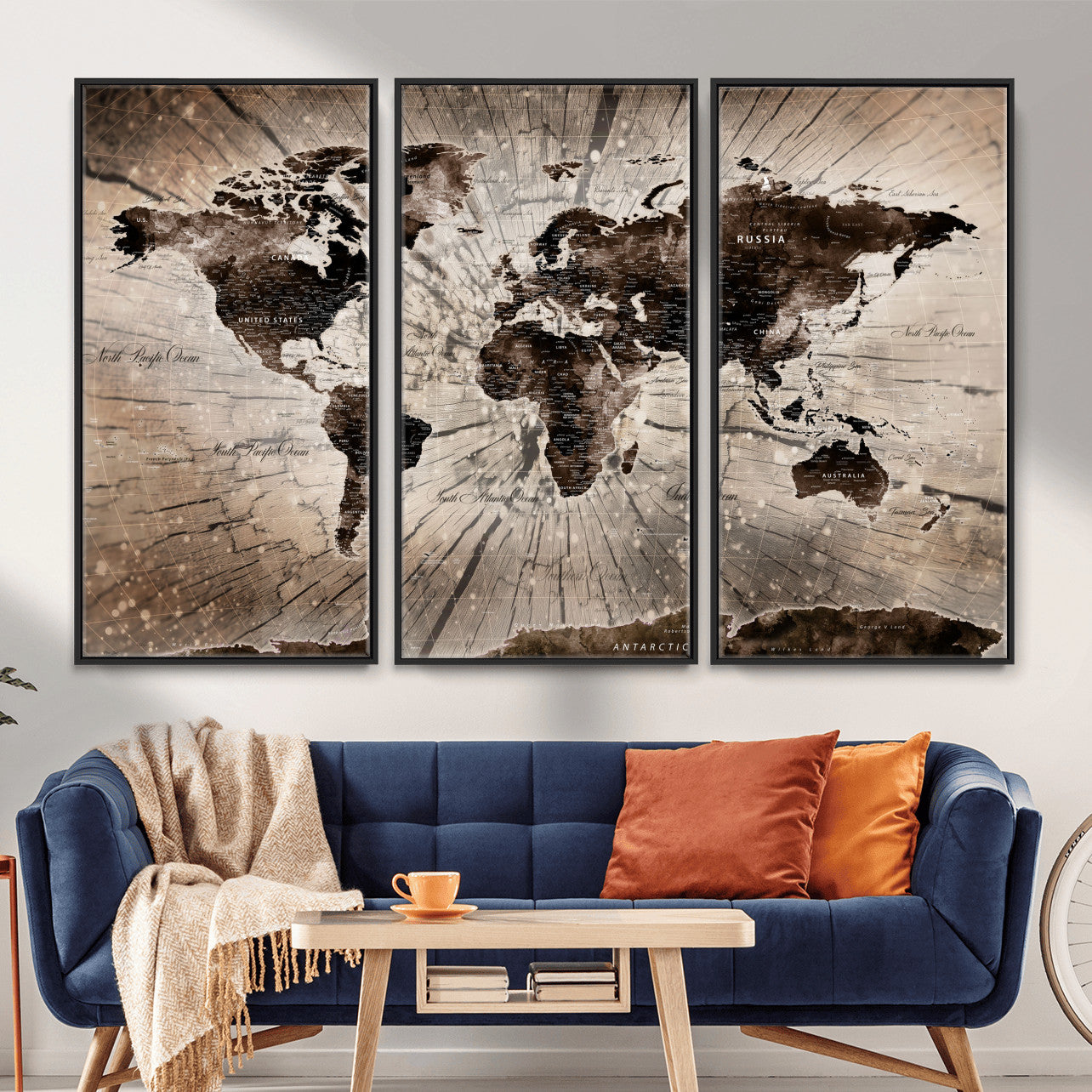 35326624-MGV-FC-48X32-3P - World Map Wall Art Canvas Print, Modern Decorative Framed Map Artwork Prints for Living Room, Office, Bedroom Wall Decor
